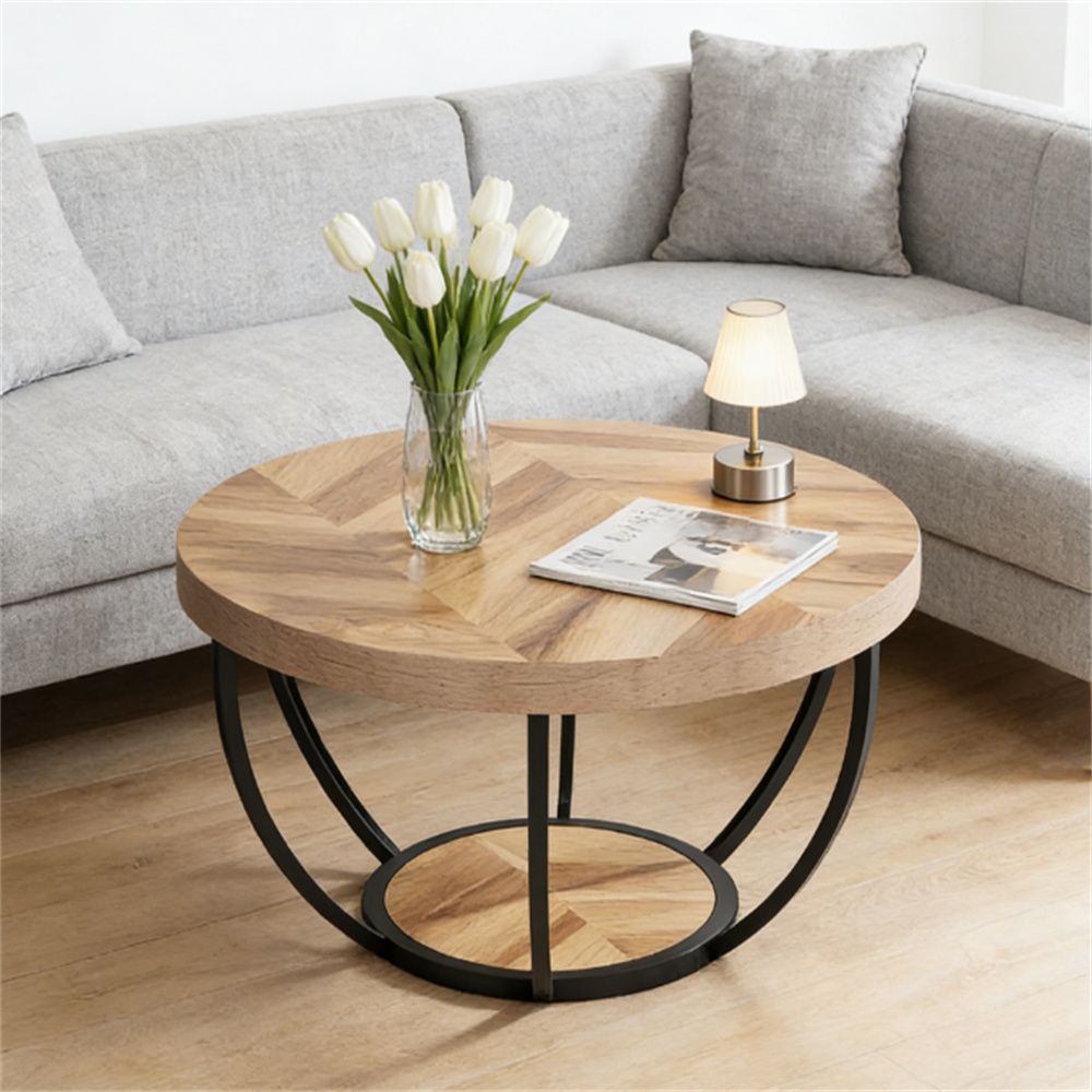 Wooden coffee table, round table, central cocktail table with storage space, side table