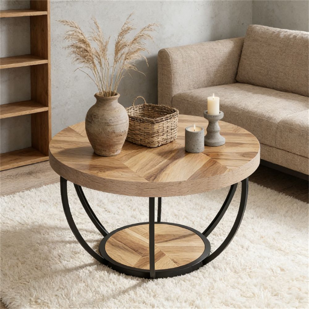 Wooden coffee table, round table, central cocktail table with storage space, side table