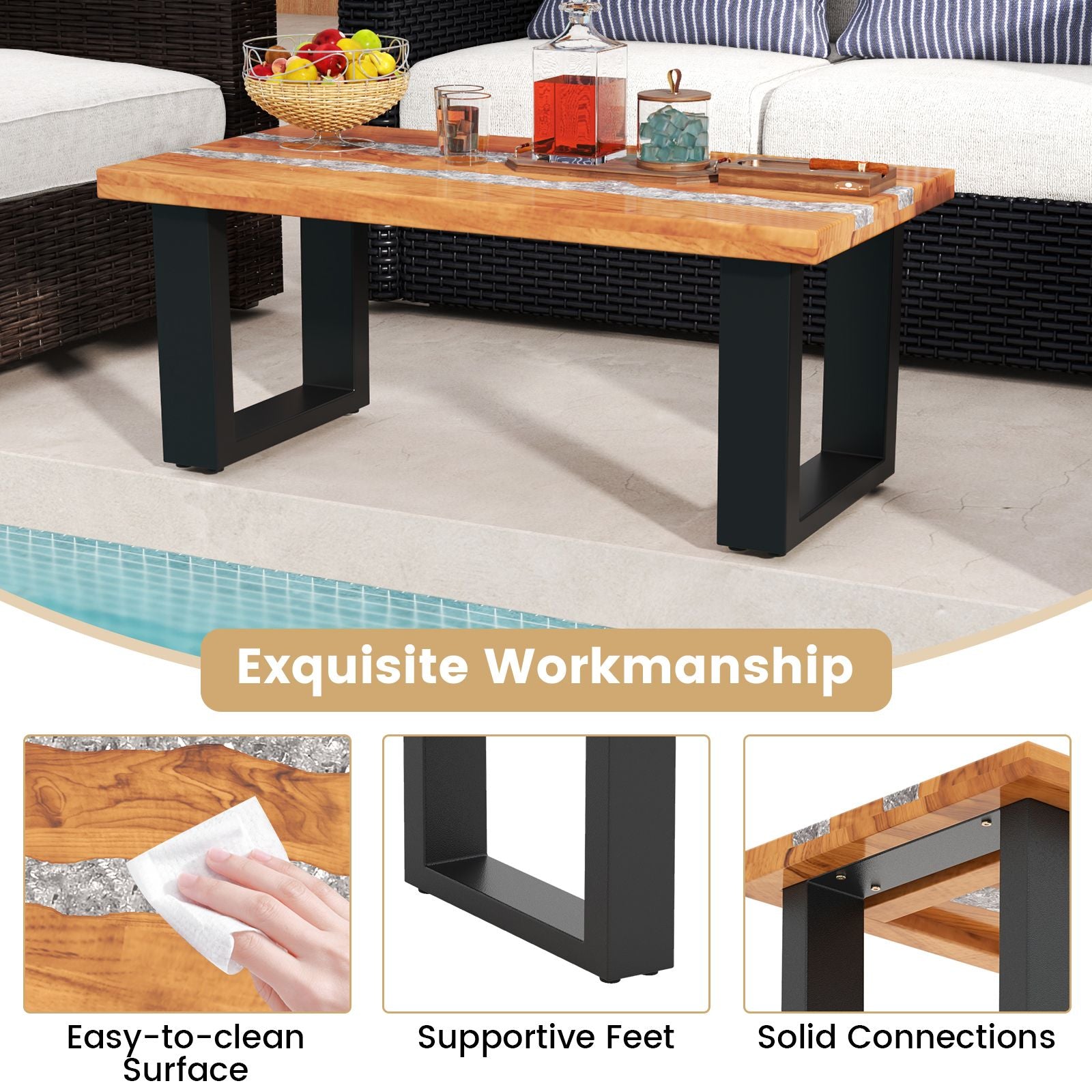 Teak Wood Patio Table with River Feel Epoxy Tabletop