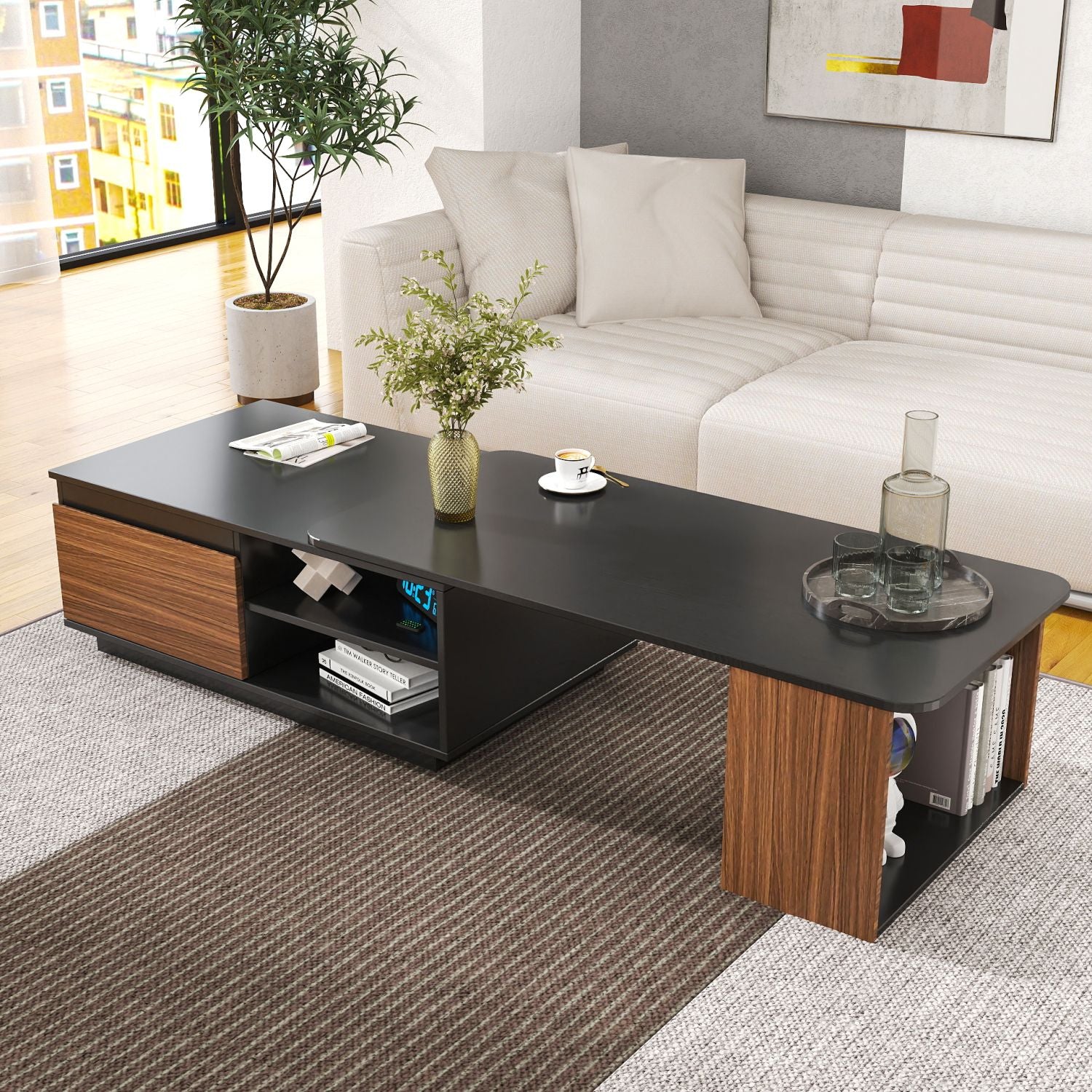 Extendable Coffee Table, Length Adjustable Wood Coffee Table with 2 Storage Drawers for Living Room, Large Long Rectangular Center Table