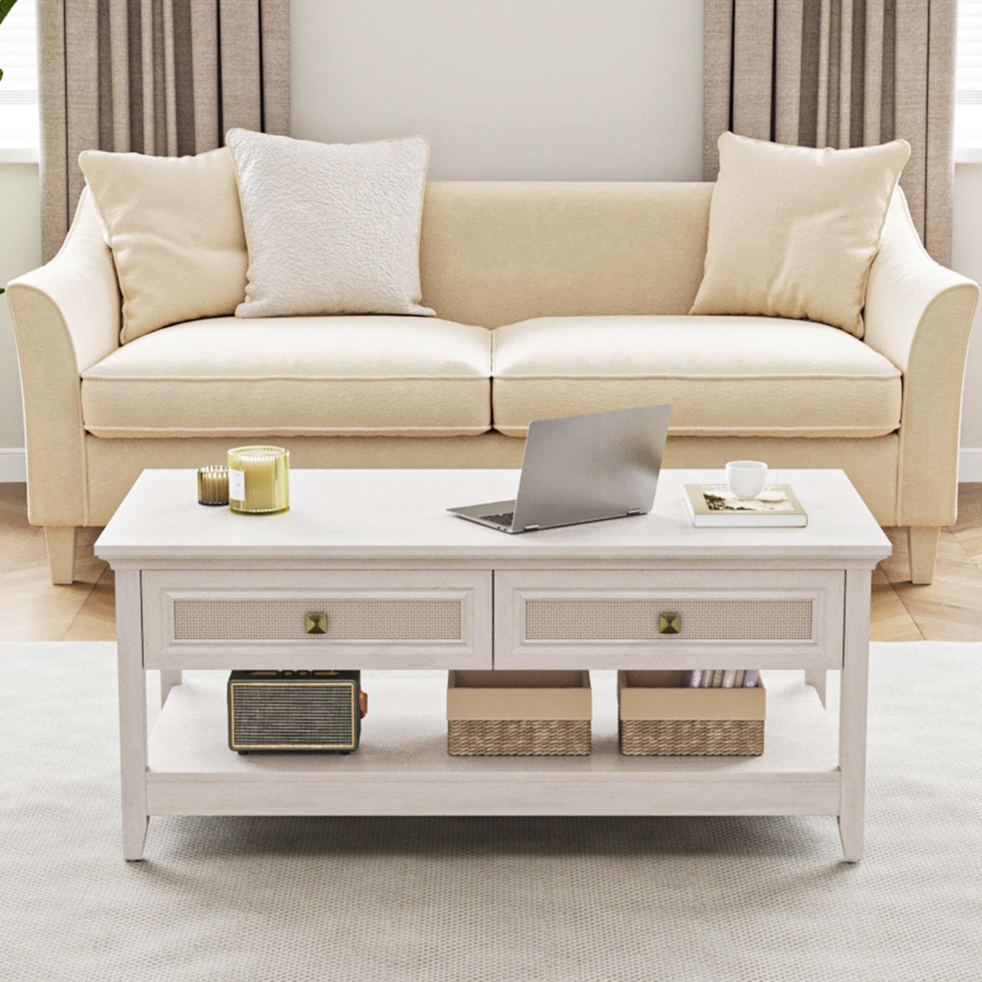 Farmhouse Coffee Table, Boho Tea Table with 2 Rattan Decor Drawers, Accent Center Sofa Table with Storage Shelf, 2 Tier Coffee Table for Bedroom, Living Room, Home Office, Grayish White
