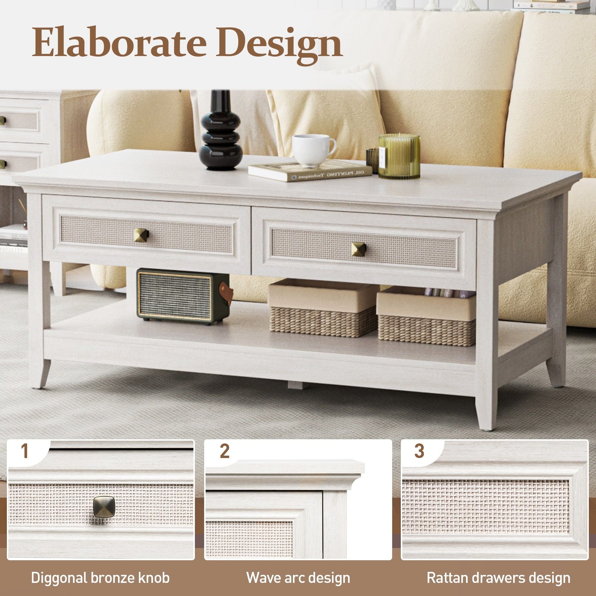 Farmhouse Coffee Table, Boho Tea Table with 2 Rattan Decor Drawers, Accent Center Sofa Table with Storage Shelf, 2 Tier Coffee Table for Bedroom, Living Room, Home Office, Grayish White