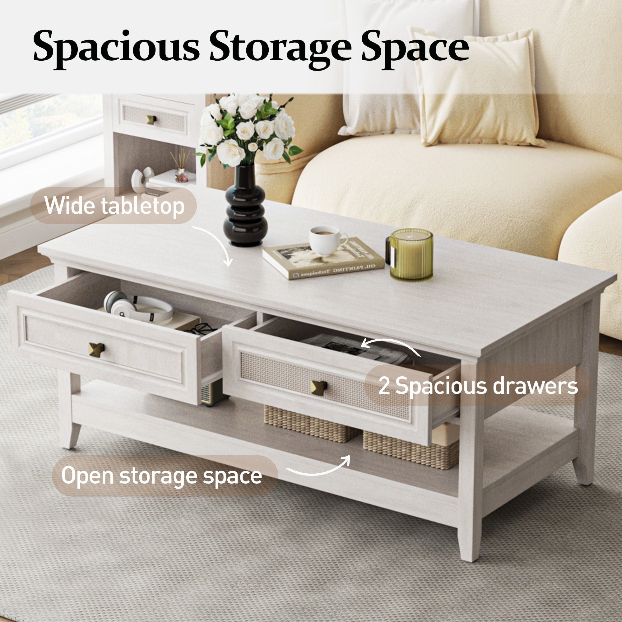 Farmhouse Coffee Table, Boho Tea Table with 2 Rattan Decor Drawers, Accent Center Sofa Table with Storage Shelf, 2 Tier Coffee Table for Bedroom, Living Room, Home Office, Grayish White