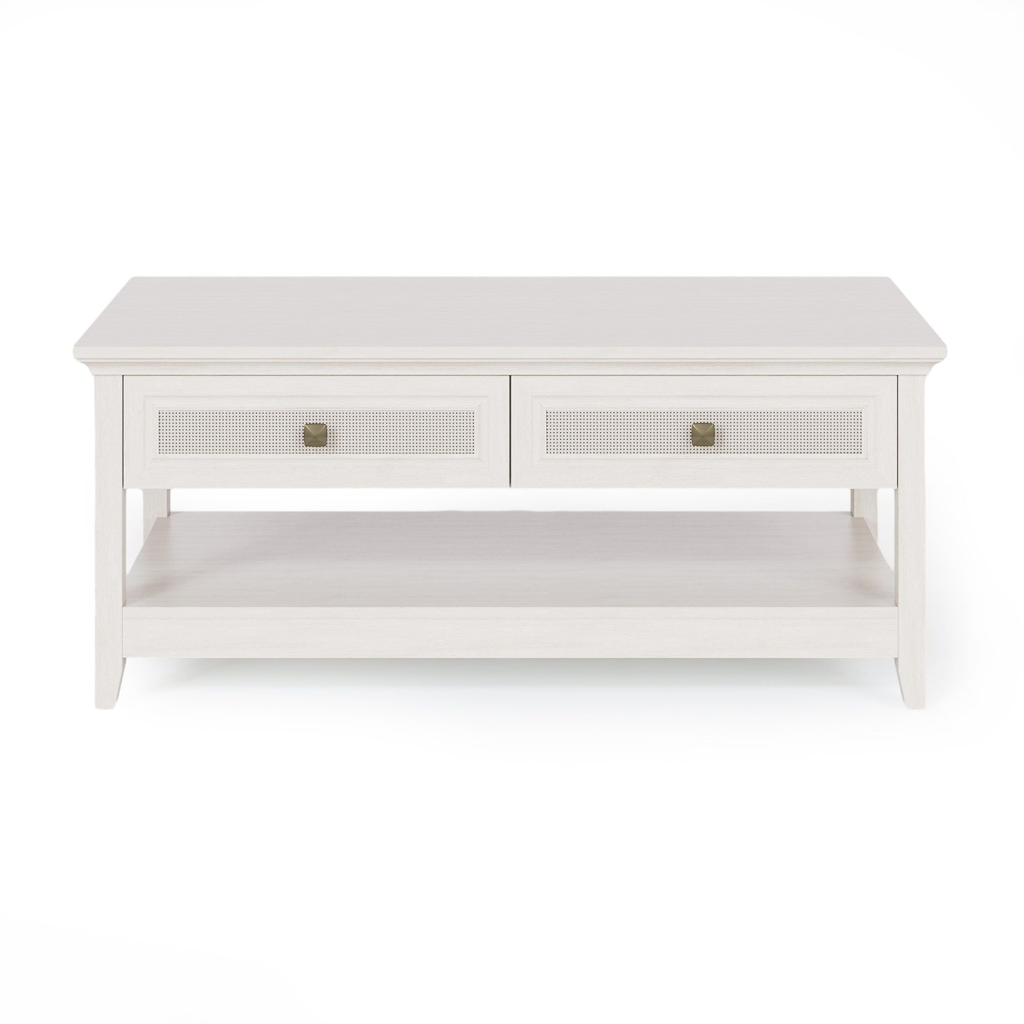 Farmhouse Coffee Table, Boho Tea Table with 2 Rattan Decor Drawers, Accent Center Sofa Table with Storage Shelf, 2 Tier Coffee Table for Bedroom, Living Room, Home Office, Grayish White