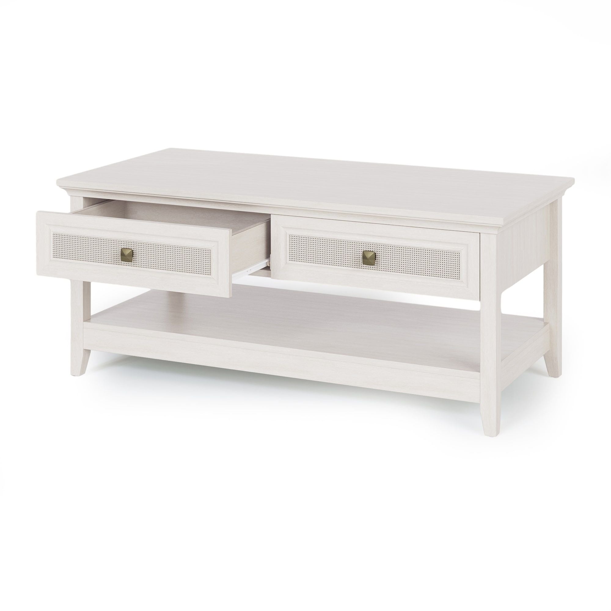 Farmhouse Coffee Table, Boho Tea Table with 2 Rattan Decor Drawers, Accent Center Sofa Table with Storage Shelf, 2 Tier Coffee Table for Bedroom, Living Room, Home Office, Grayish White
