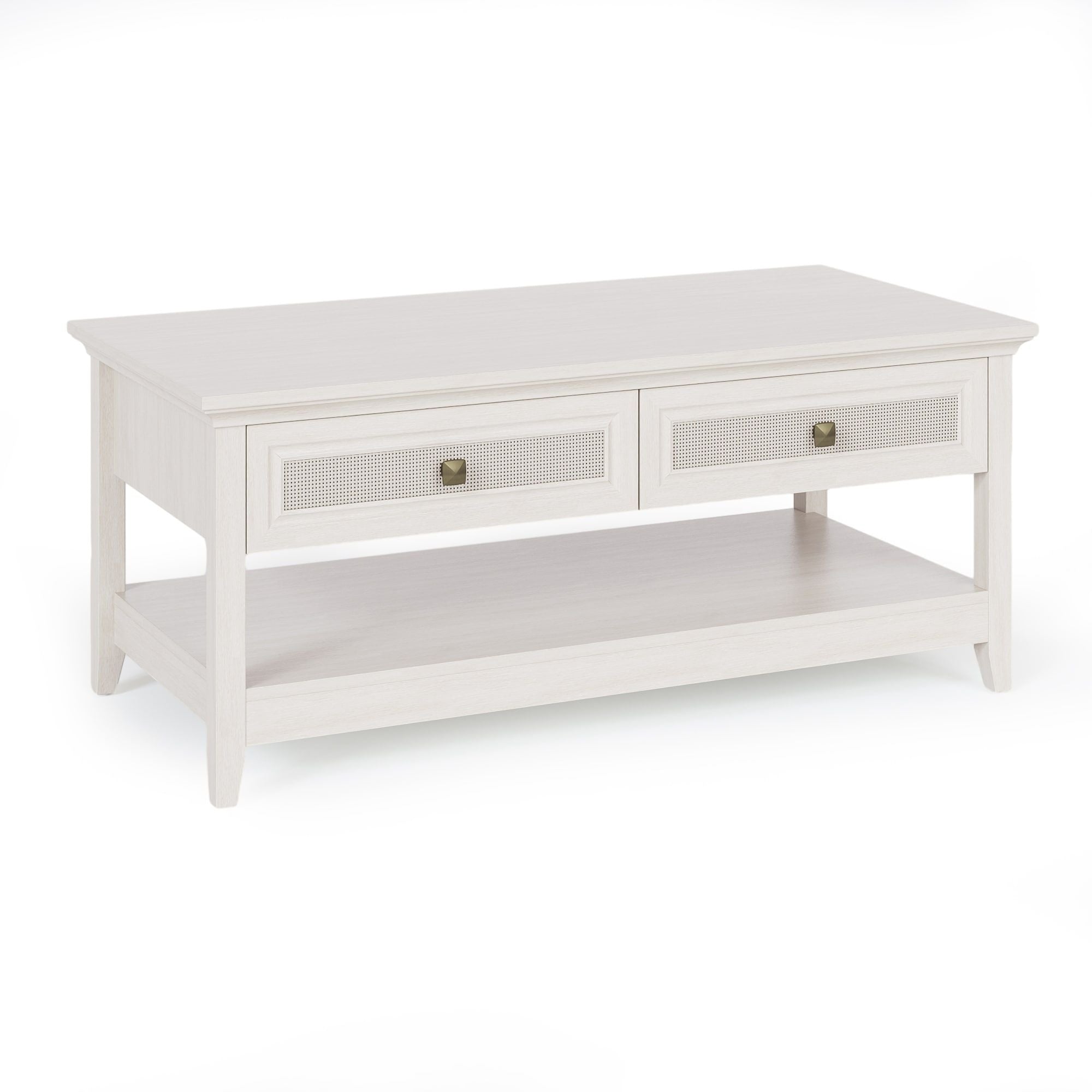 Farmhouse Coffee Table, Boho Tea Table with 2 Rattan Decor Drawers, Accent Center Sofa Table with Storage Shelf, 2 Tier Coffee Table for Bedroom, Living Room, Home Office, Grayish White