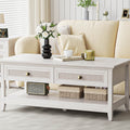 Farmhouse Coffee Table, Boho Tea Table with 2 Rattan Decor Drawers, Accent Center Sofa Table with Storage Shelf, 2 Tier Coffee Table for Bedroom, Living Room, Home Office, Grayish White