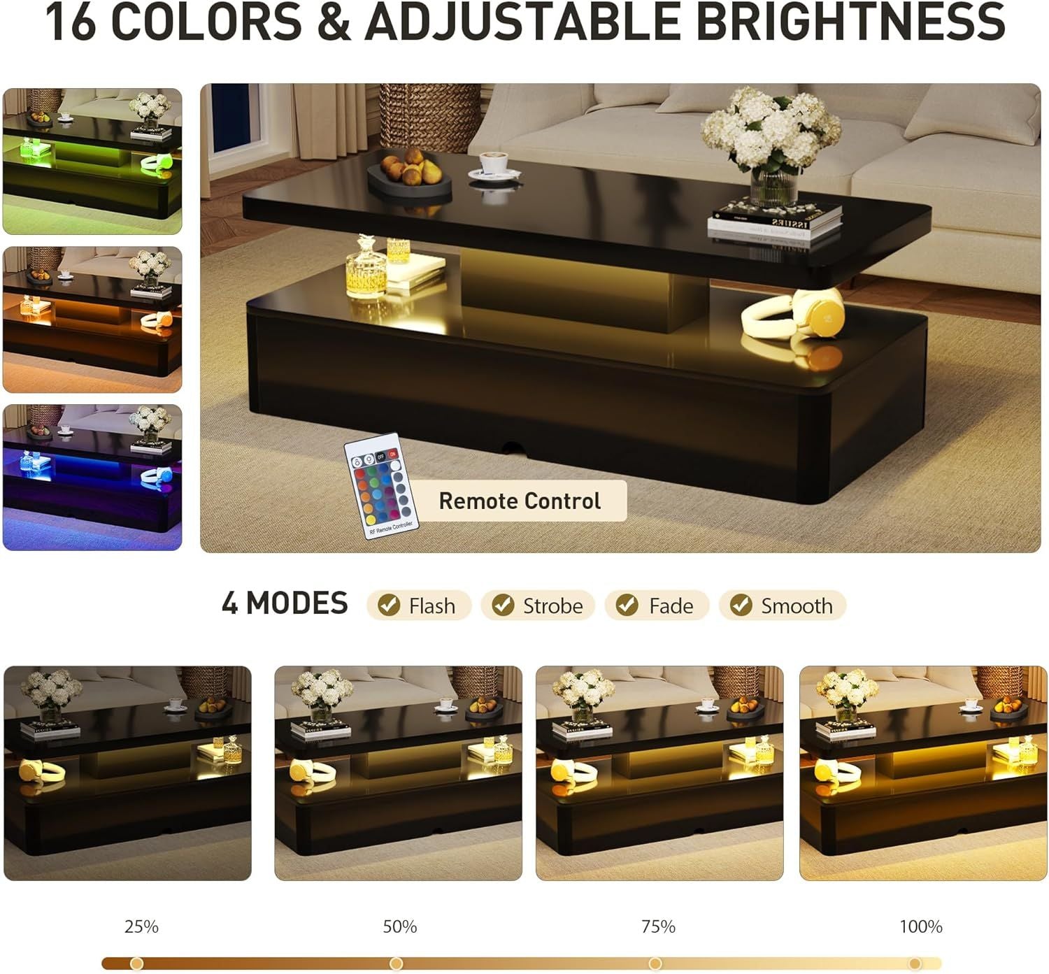 40" Modern Coffee Table with 16 Colors LED Lights, 2 Tier Rectangular Center Table with Large Storage Space, Stylish High Glossy Wooden Tea Tables for Living Room, Bedroom, Home Office, Black