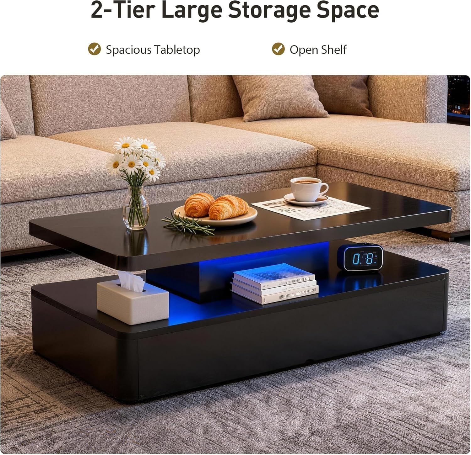 40" Modern Coffee Table with 16 Colors LED Lights, 2 Tier Rectangular Center Table with Large Storage Space, Stylish High Glossy Wooden Tea Tables for Living Room, Bedroom, Home Office, Black
