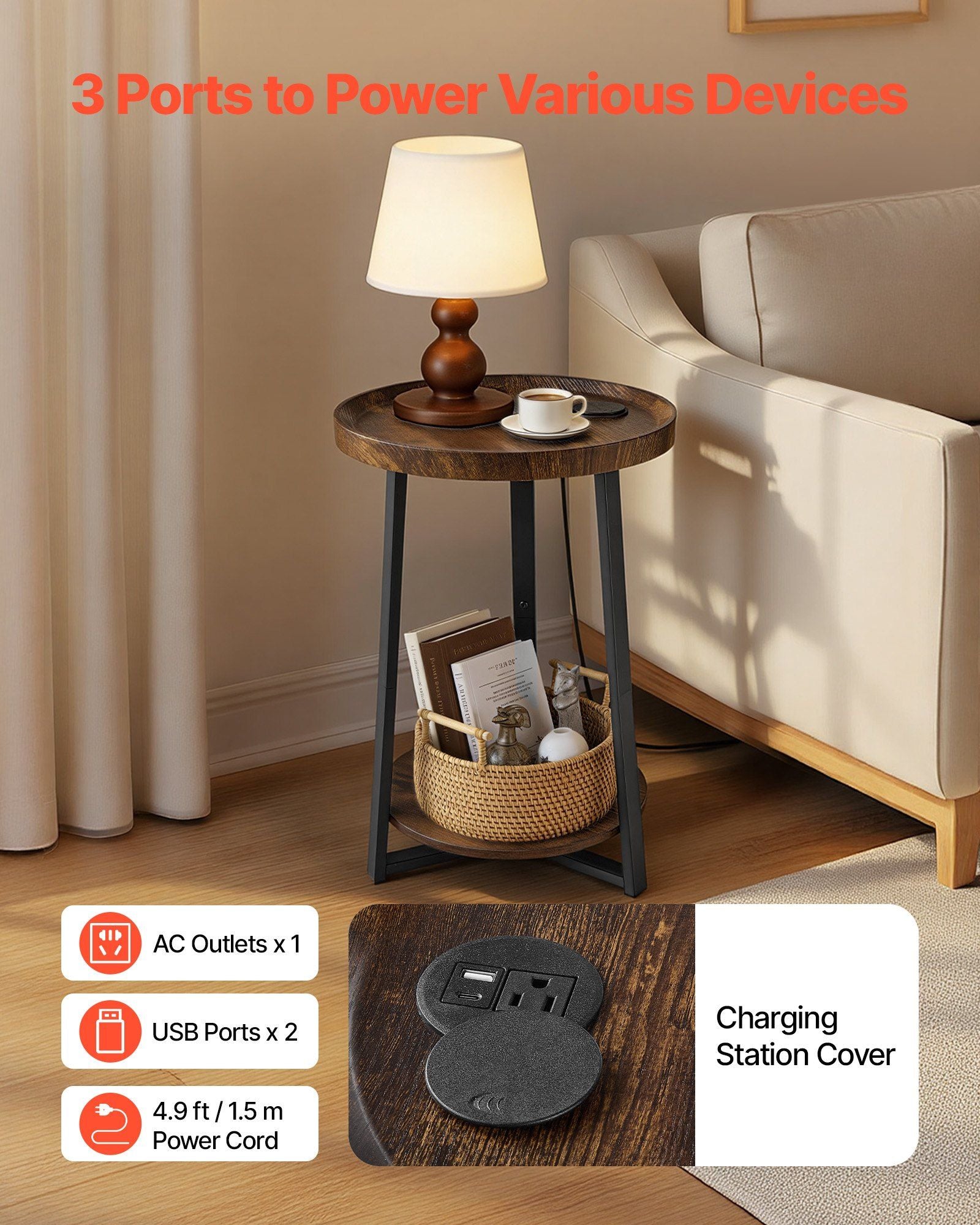 End Table, 2-Tier Round Side Table with Open Storage Shelves, Modern Nightstand Bedside Desk with USB & AC Charging Port, Wood Sofa Coffee Desk for Living Room, Bedroom, Office, Dorm, Brown
