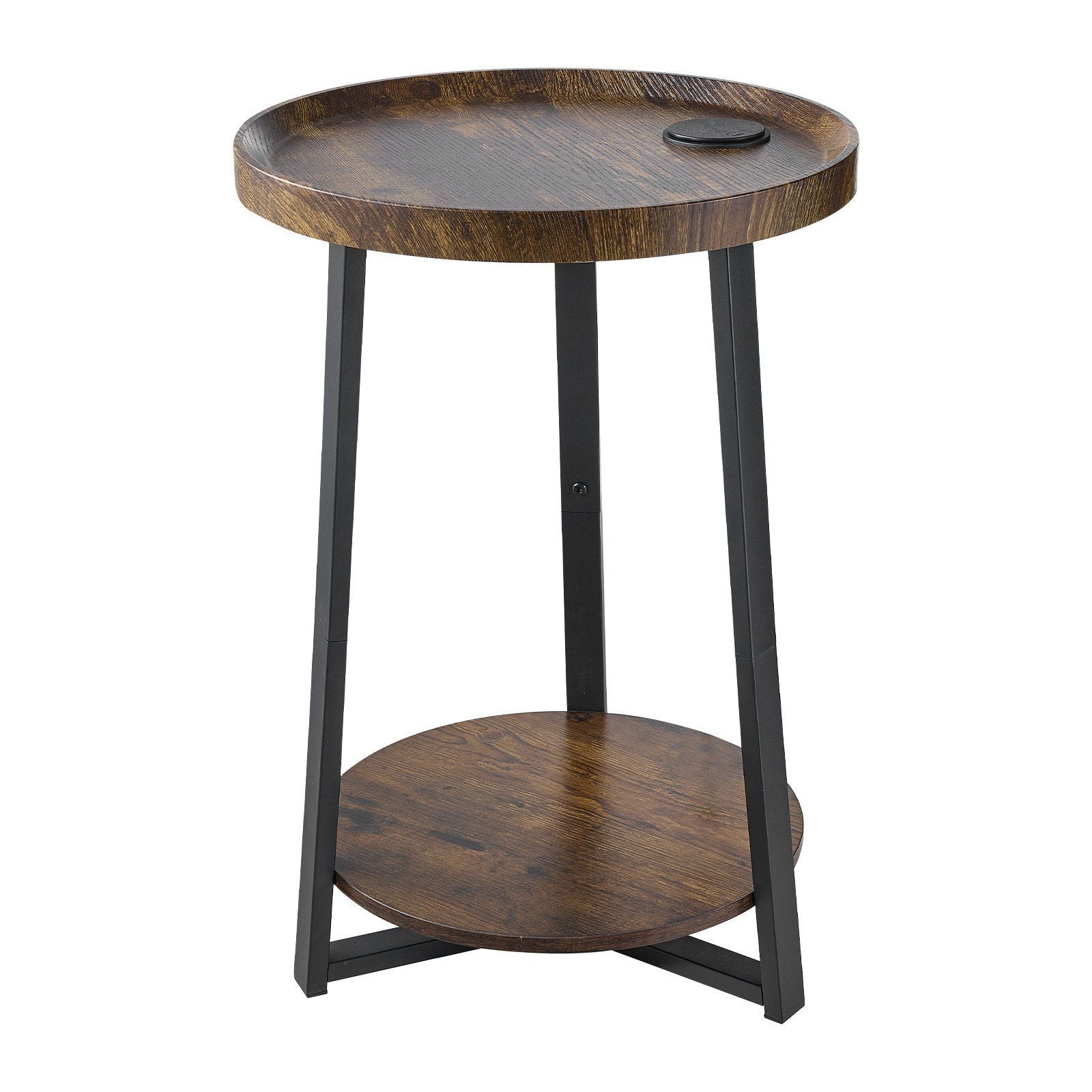 End Table, 2-Tier Round Side Table with Open Storage Shelves, Modern Nightstand Bedside Desk with USB & AC Charging Port, Wood Sofa Coffee Desk for Living Room, Bedroom, Office, Dorm, Brown
