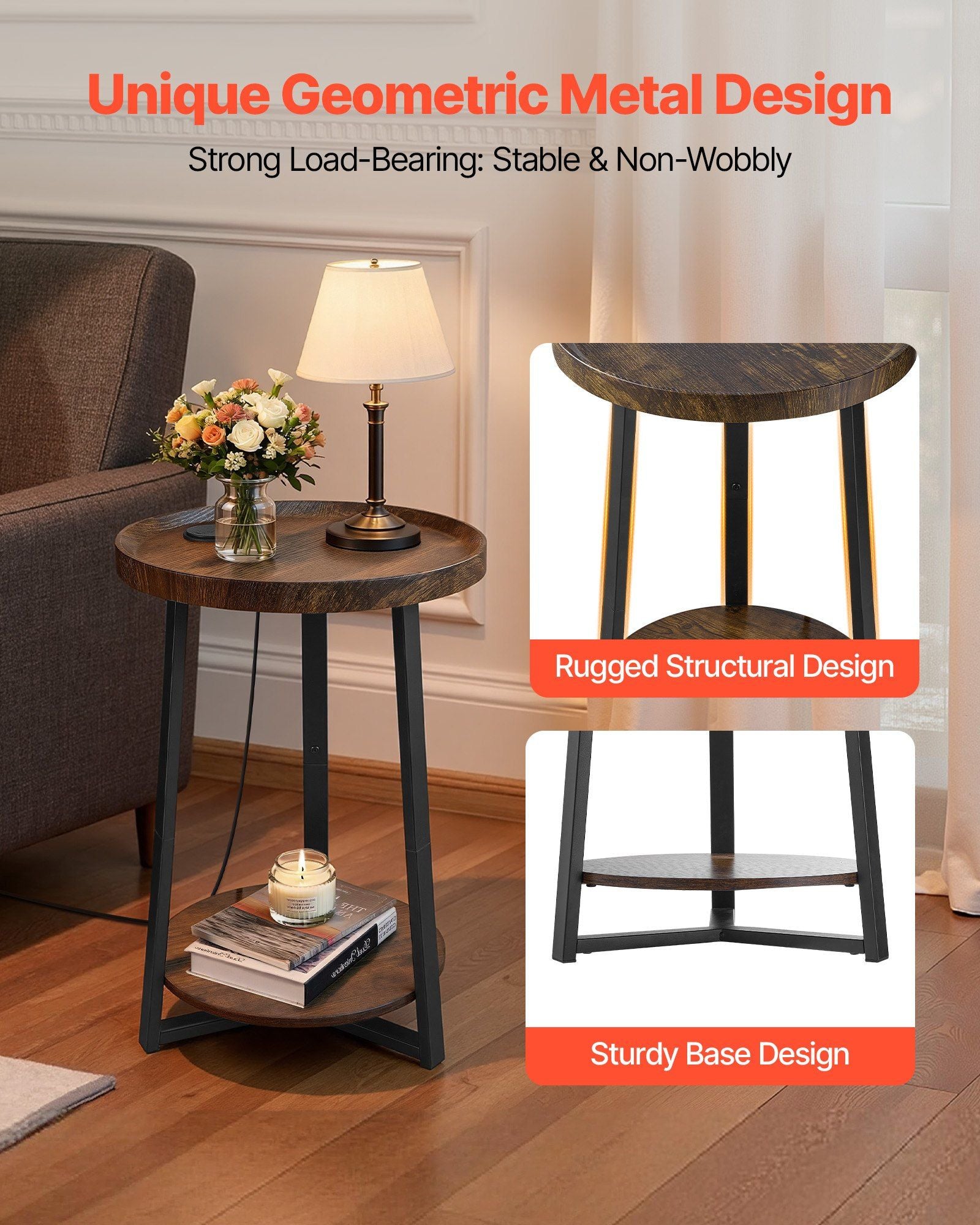 End Table, 2-Tier Round Side Table with Open Storage Shelves, Modern Nightstand Bedside Desk with USB & AC Charging Port, Wood Sofa Coffee Desk for Living Room, Bedroom, Office, Dorm, Brown