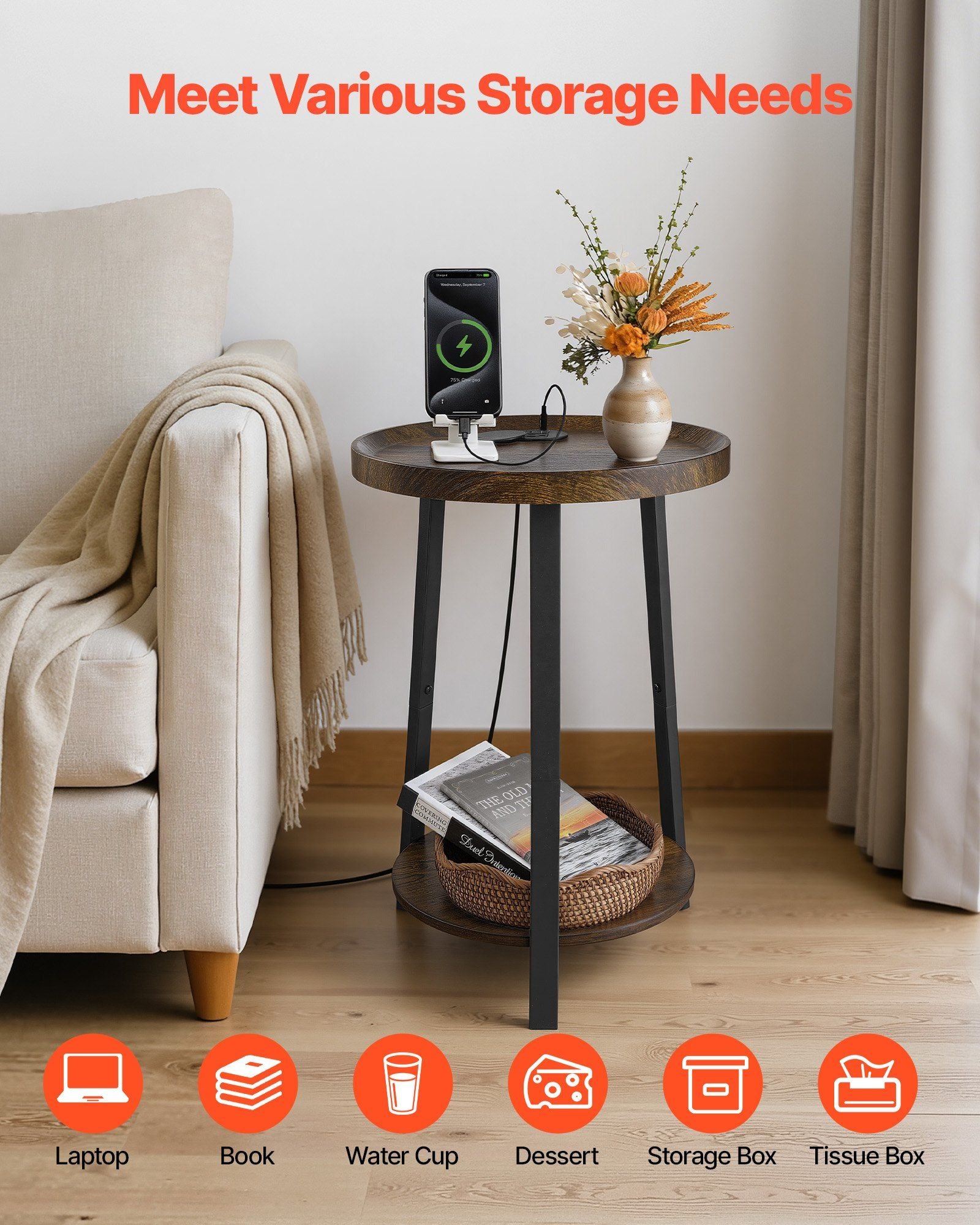 End Table, 2-Tier Round Side Table with Open Storage Shelves, Modern Nightstand Bedside Desk with USB & AC Charging Port, Wood Sofa Coffee Desk for Living Room, Bedroom, Office, Dorm, Brown