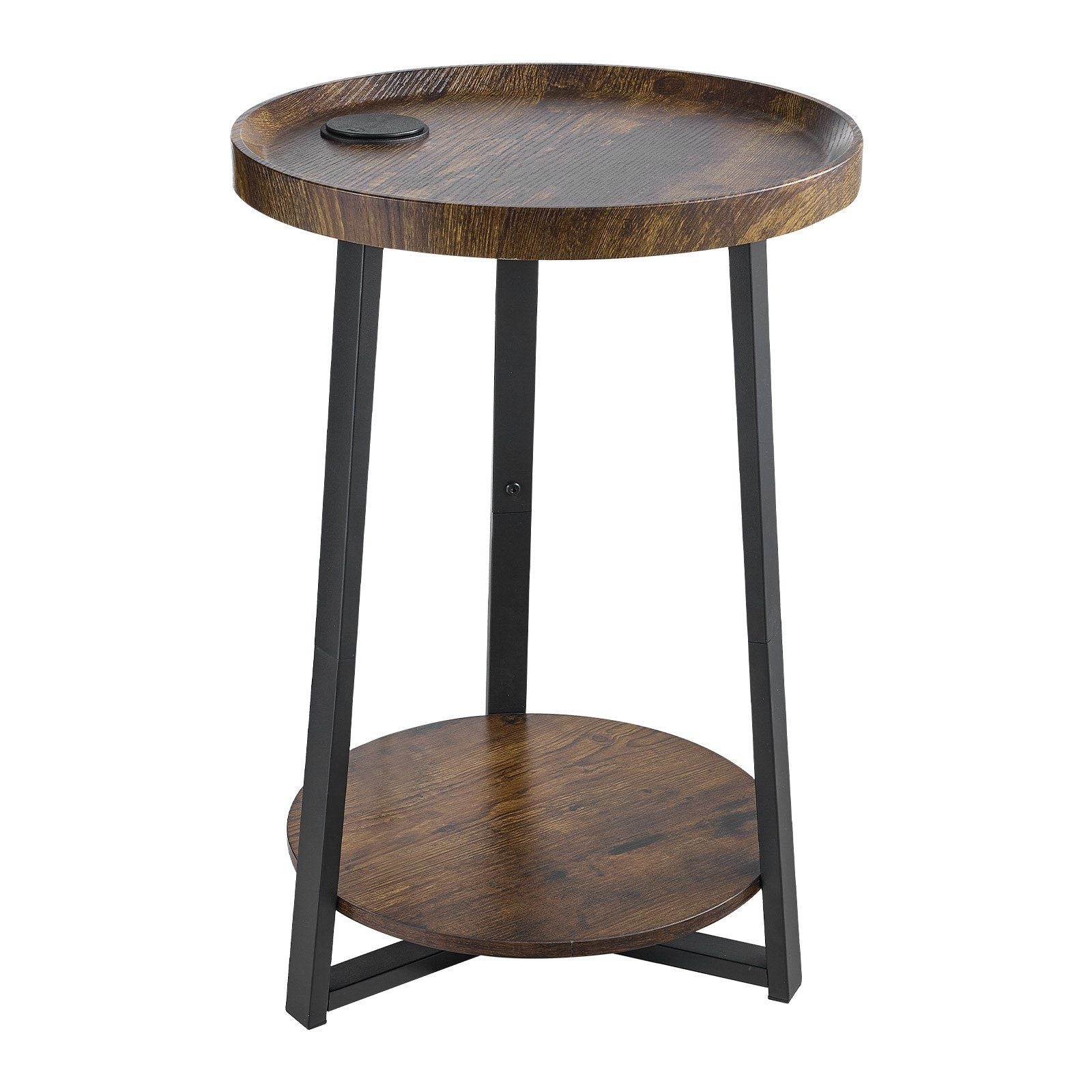 End Table, 2-Tier Round Side Table with Open Storage Shelves, Modern Nightstand Bedside Desk with USB & AC Charging Port, Wood Sofa Coffee Desk for Living Room, Bedroom, Office, Dorm, Brown