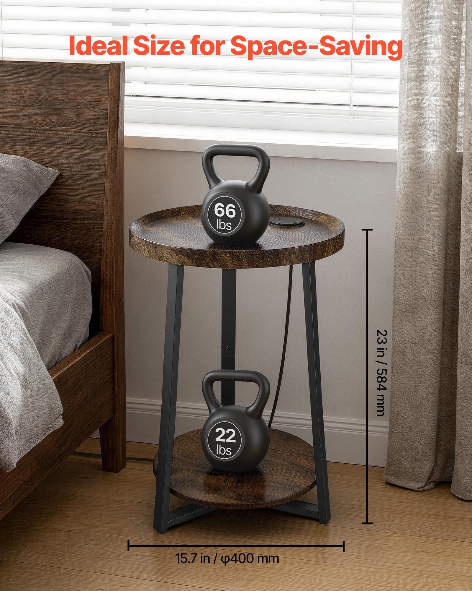 End Table, 2-Tier Round Side Table with Open Storage Shelves, Modern Nightstand Bedside Desk with USB & AC Charging Port, Wood Sofa Coffee Desk for Living Room, Bedroom, Office, Dorm, Brown