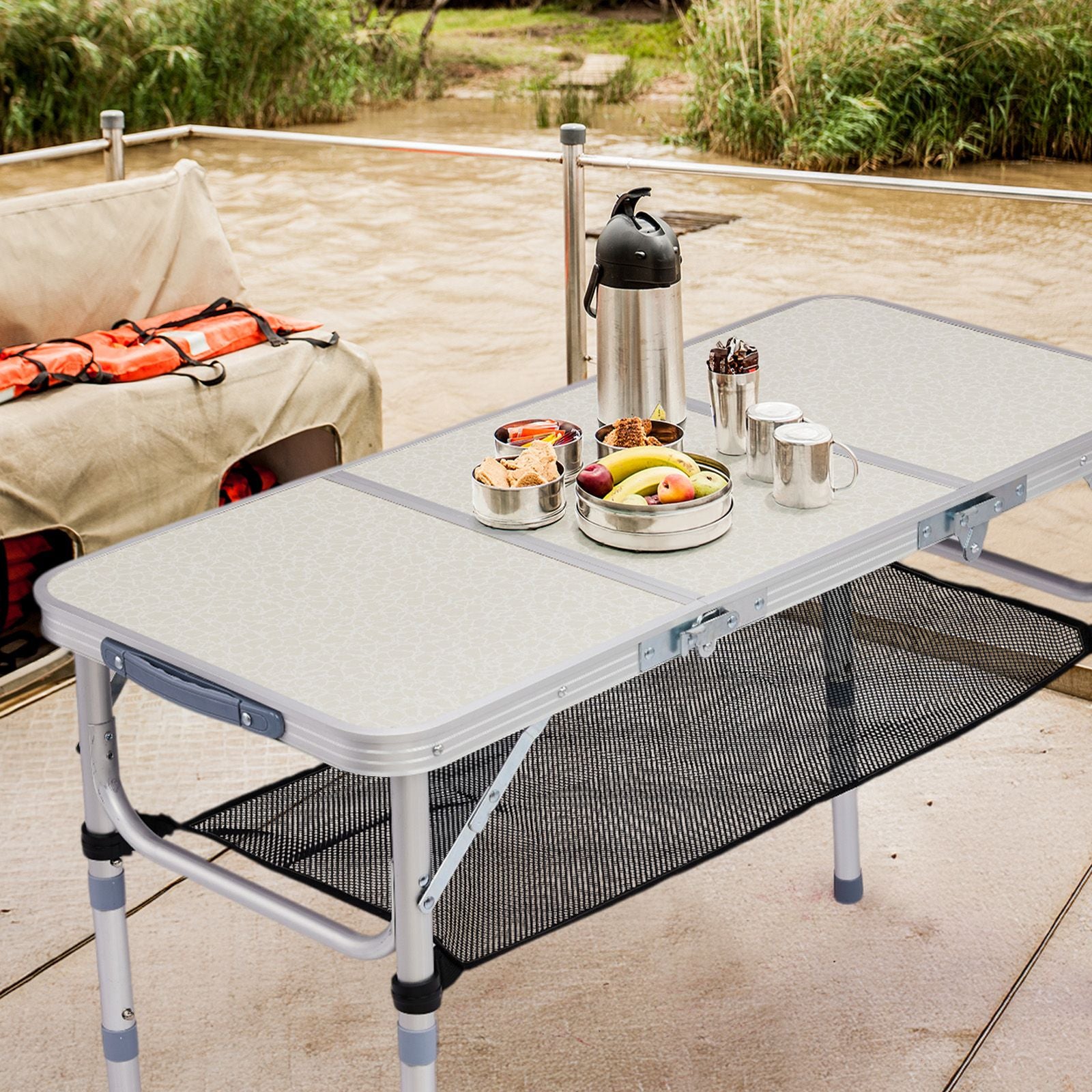 Outdoor Folding Camping Table, 3ft Portable Pinic Table with 3 Adjustable Height, Small Aluminum Foldable Lightweight Patio Side Table with Carry Handle for Outdoor Indoor Hiking Camp BBQ Beach, White