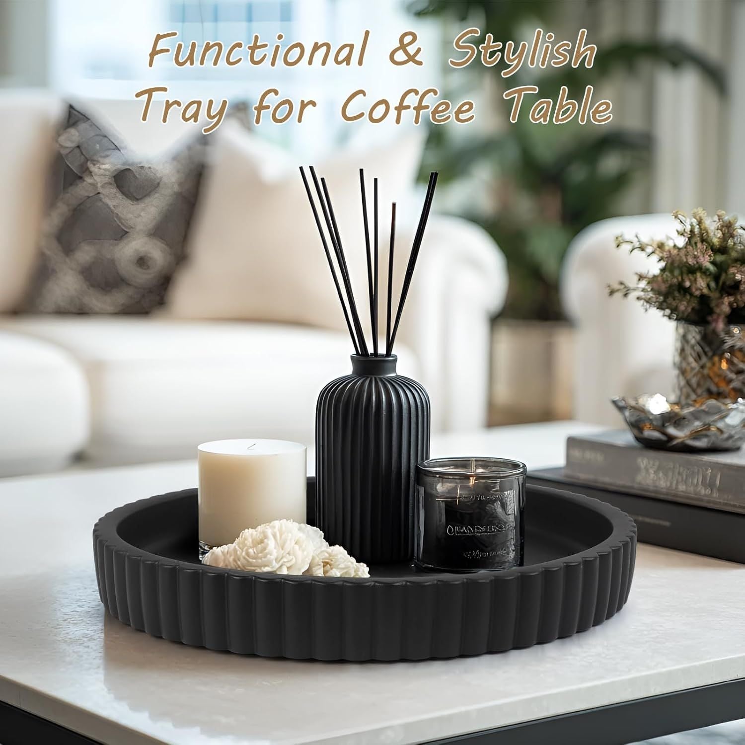 Round Decorative Tray for Coffee Table Decor-Modern Home Decor Tray-Concrete Coffee Table Serving Tray-Centerpiece Table Tray-Ottoman,Vanity, Bathroom, Kitchen,Dresser (Black)