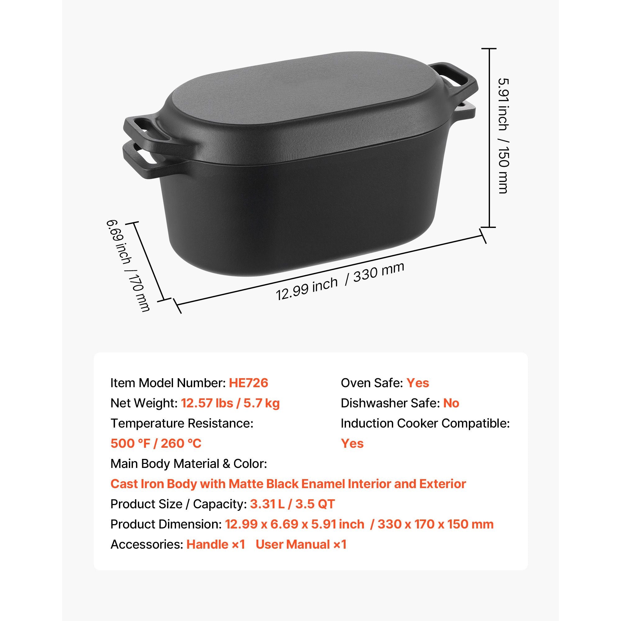 Enameled Cast Iron Dutch Oven, 3.5 Quart Pot with Lid and Dual Handles, Heavy-Duty Durable Cookware Pan, Oven Induction Compatible up to 500Fahrenheit, for Stews, Roasting, Bread Baking, Black
