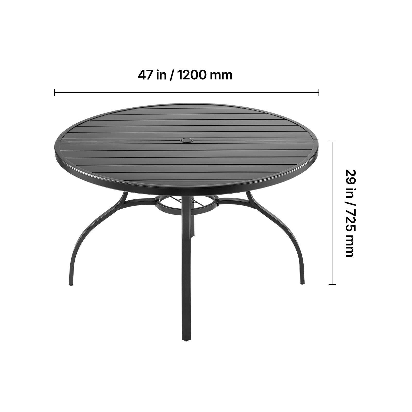 Outdoor Patio Dining Table, 47 inch Round Metal Steel Slat Backyard Bistro Tables, with 1.5 in Umbrella Hole, Outside All-Weather Large Furniture for Lawn Garden Porch, Black