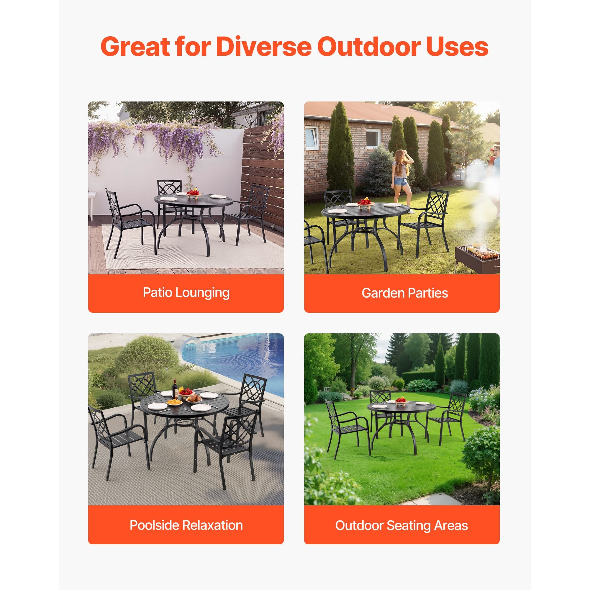 Outdoor Patio Dining Table, 47 inch Round Metal Steel Slat Backyard Bistro Tables, with 1.5 in Umbrella Hole, Outside All-Weather Large Furniture for Lawn Garden Porch, Black