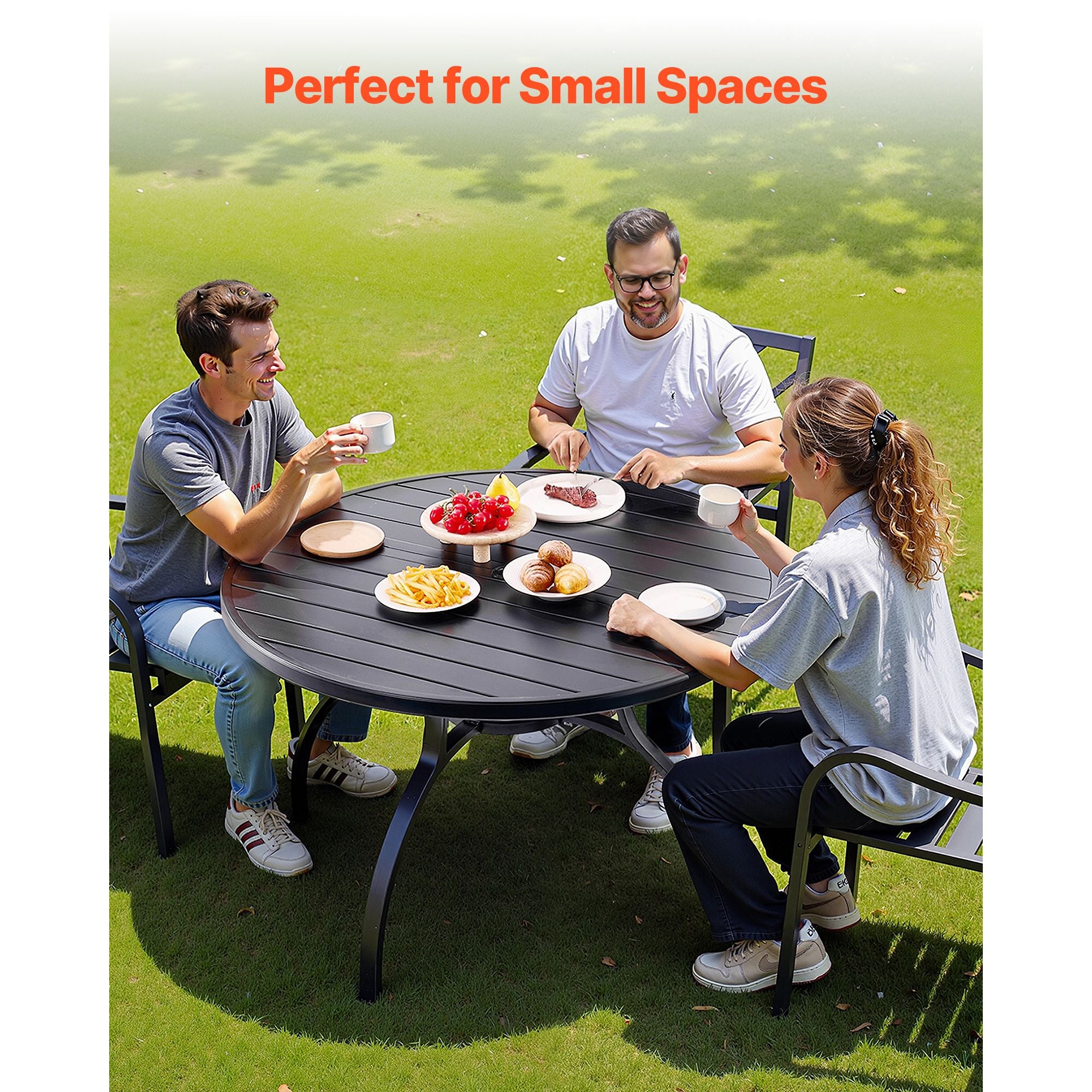 Outdoor Patio Dining Table, 47 inch Round Metal Steel Slat Backyard Bistro Tables, with 1.5 in Umbrella Hole, Outside All-Weather Large Furniture for Lawn Garden Porch, Black