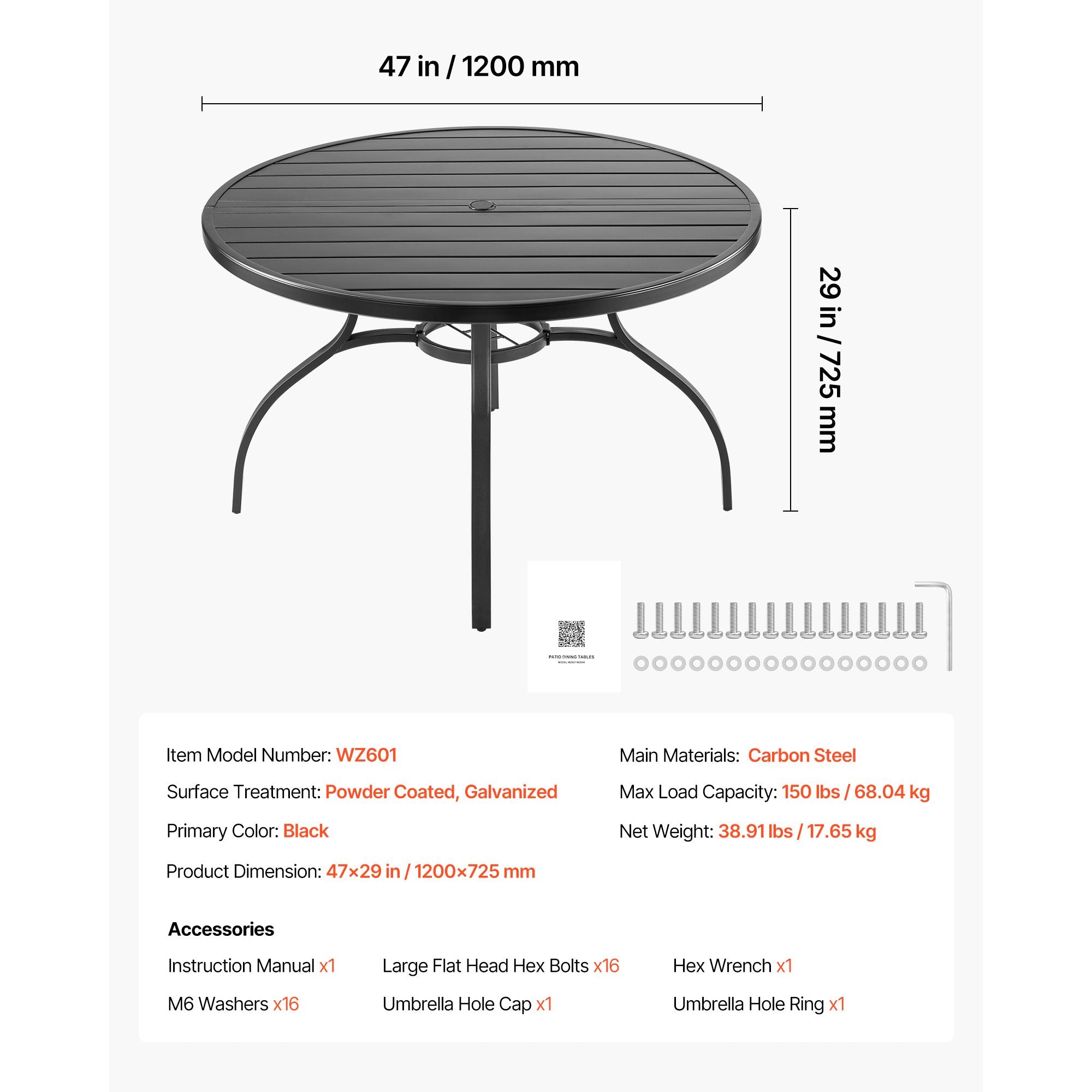 Outdoor Patio Dining Table, 47 inch Round Metal Steel Slat Backyard Bistro Tables, with 1.5 in Umbrella Hole, Outside All-Weather Large Furniture for Lawn Garden Porch, Black