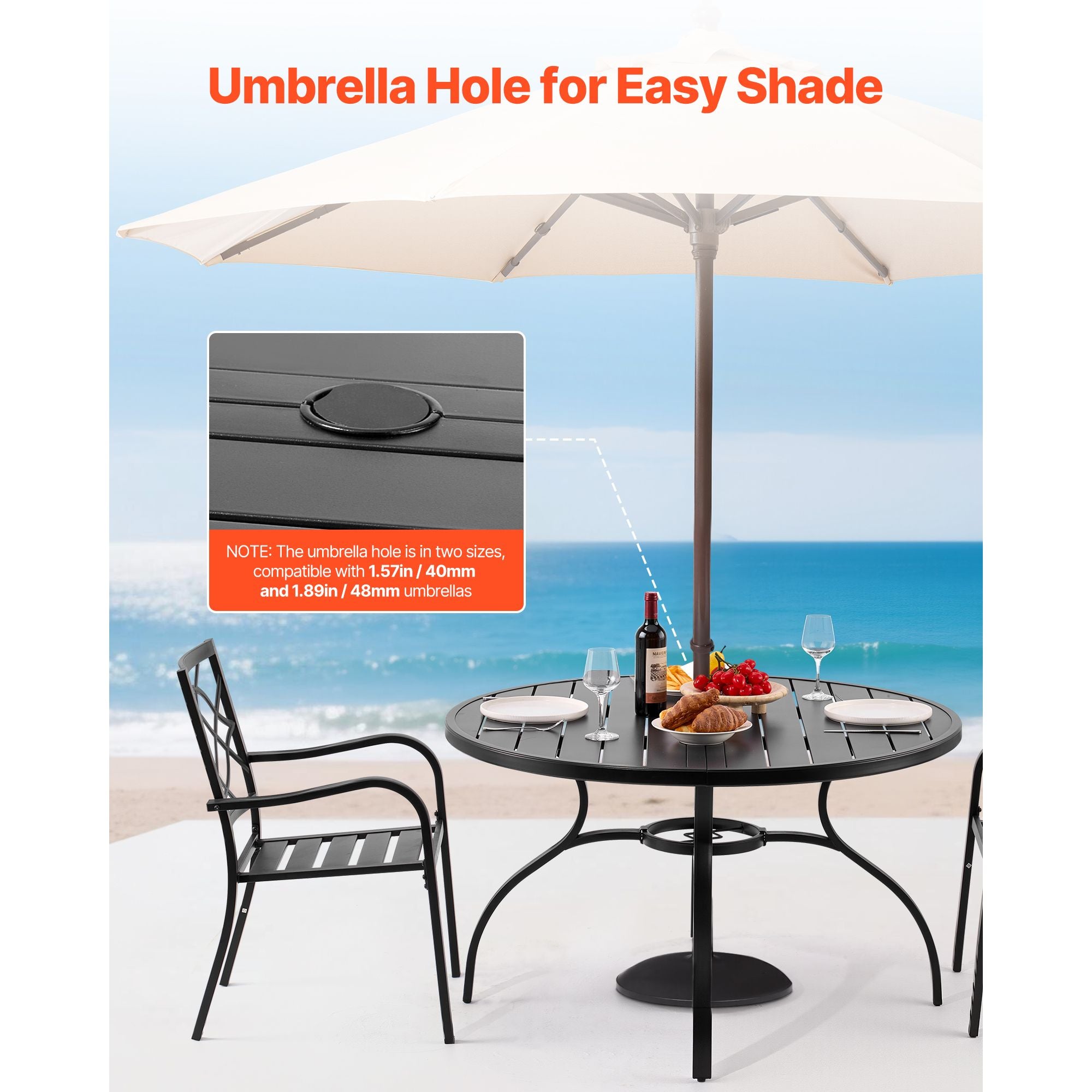 Outdoor Patio Dining Table, 47 inch Round Metal Steel Slat Backyard Bistro Tables, with 1.5 in Umbrella Hole, Outside All-Weather Large Furniture for Lawn Garden Porch, Black