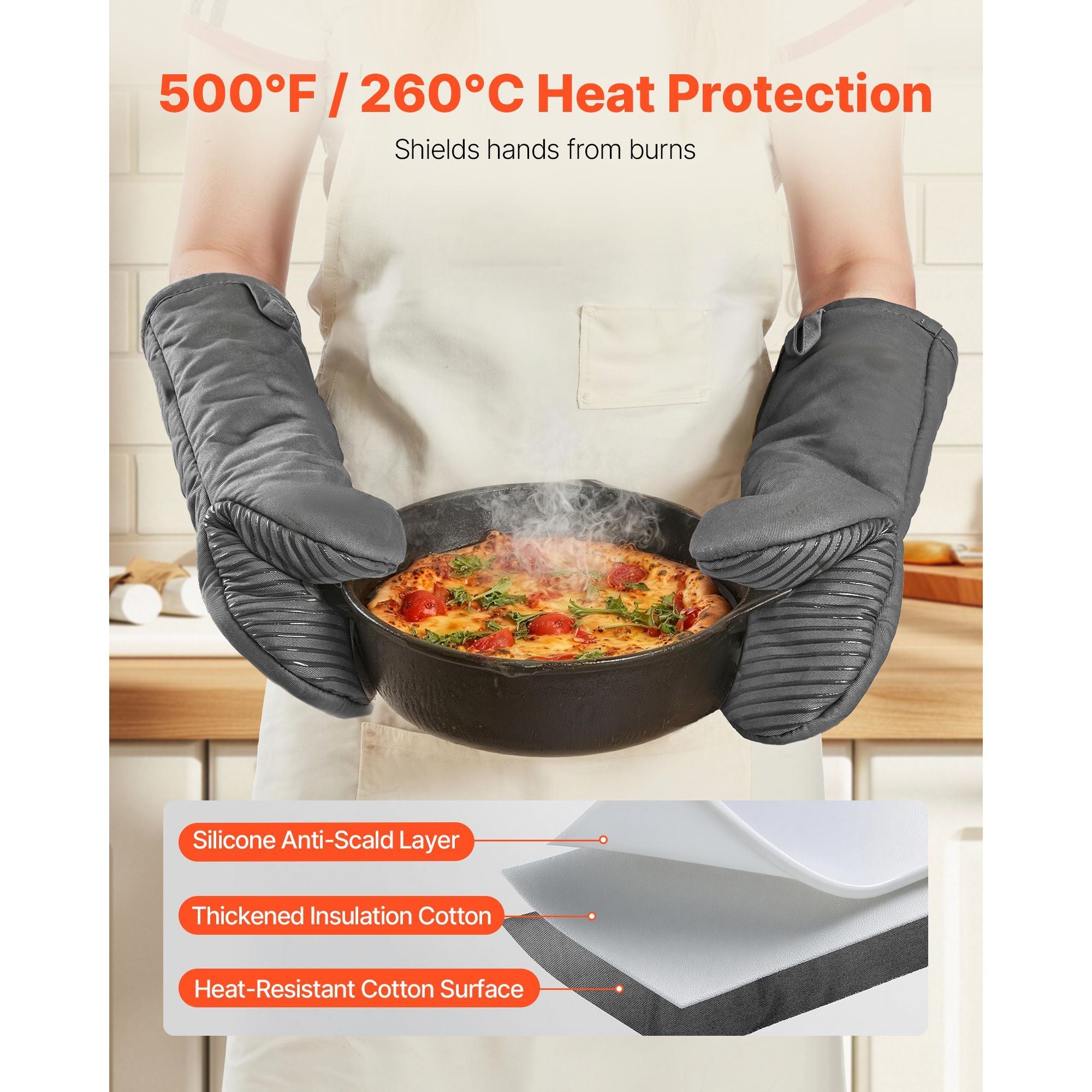 Oven Mitts, Mini Oven Mitt Set with Non-Slip Silicone Strips, High Heat Resistant to 500Fahrenheit, Lightweight Cotton Baking Mitts 13.07 x 6.1 inch with 2 No-Marks Hooks for Kitchen, 2 Piece