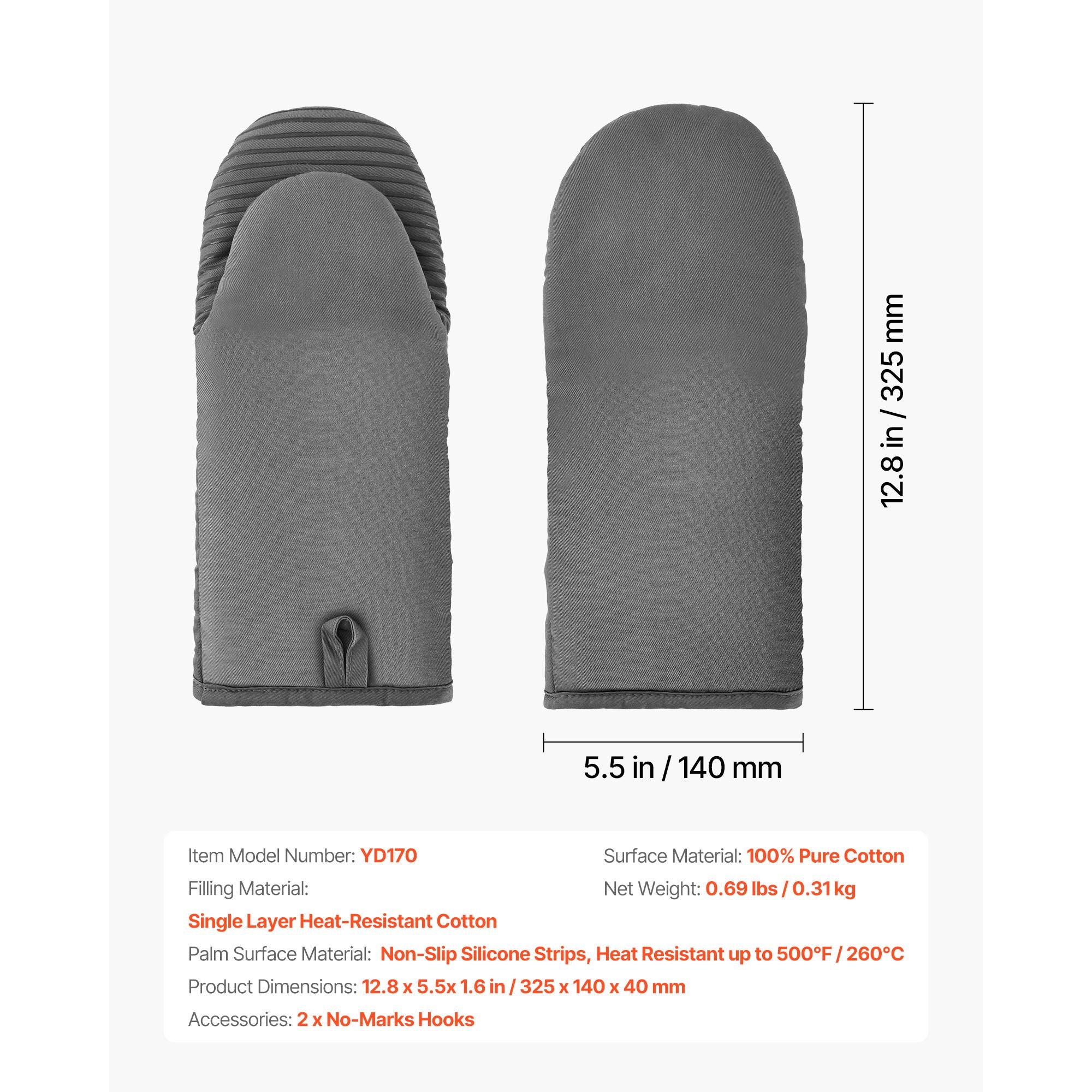 Oven Mitts, Mini Oven Mitt Set with Non-Slip Silicone Strips, High Heat Resistant to 500Fahrenheit, Lightweight Cotton Baking Mitts 13.07 x 6.1 inch with 2 No-Marks Hooks for Kitchen, 2 Piece