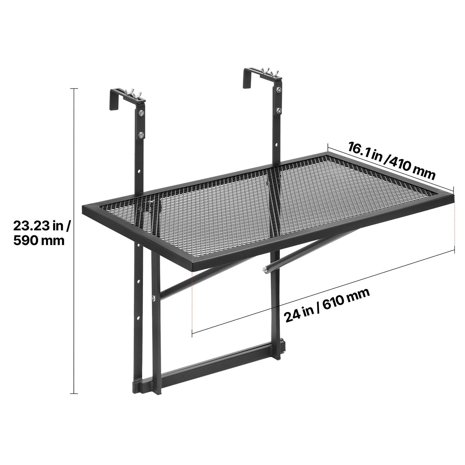 Balcony Hanging Table, 19 x 24 in Metal Folding Balcony Railing Table, Outdoor Balcony Bar Table for Railings, 5-Level Adjustable, Fit Railing from 1" to 4.7", Serving Table for Patio & Deck