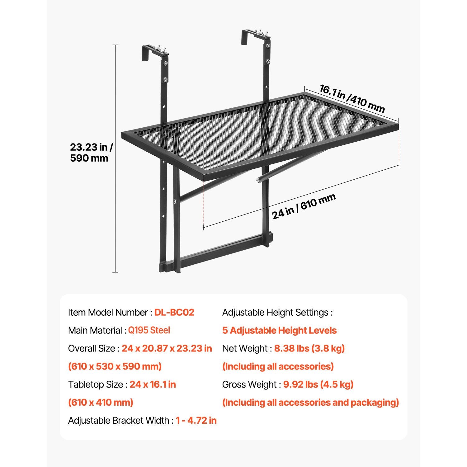 Balcony Hanging Table, 19 x 24 in Metal Folding Balcony Railing Table, Outdoor Balcony Bar Table for Railings, 5-Level Adjustable, Fit Railing from 1" to 4.7", Serving Table for Patio & Deck