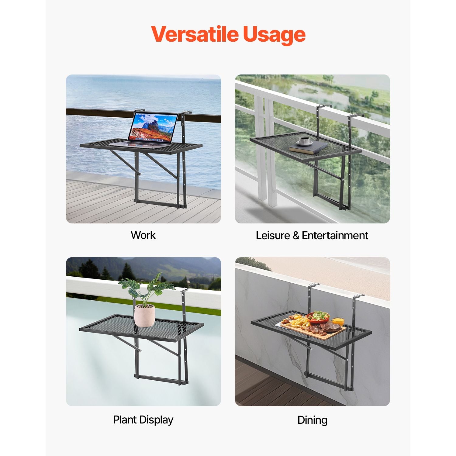 Balcony Hanging Table, 19 x 24 in Metal Folding Balcony Railing Table, Outdoor Balcony Bar Table for Railings, 5-Level Adjustable, Fit Railing from 1" to 4.7", Serving Table for Patio & Deck