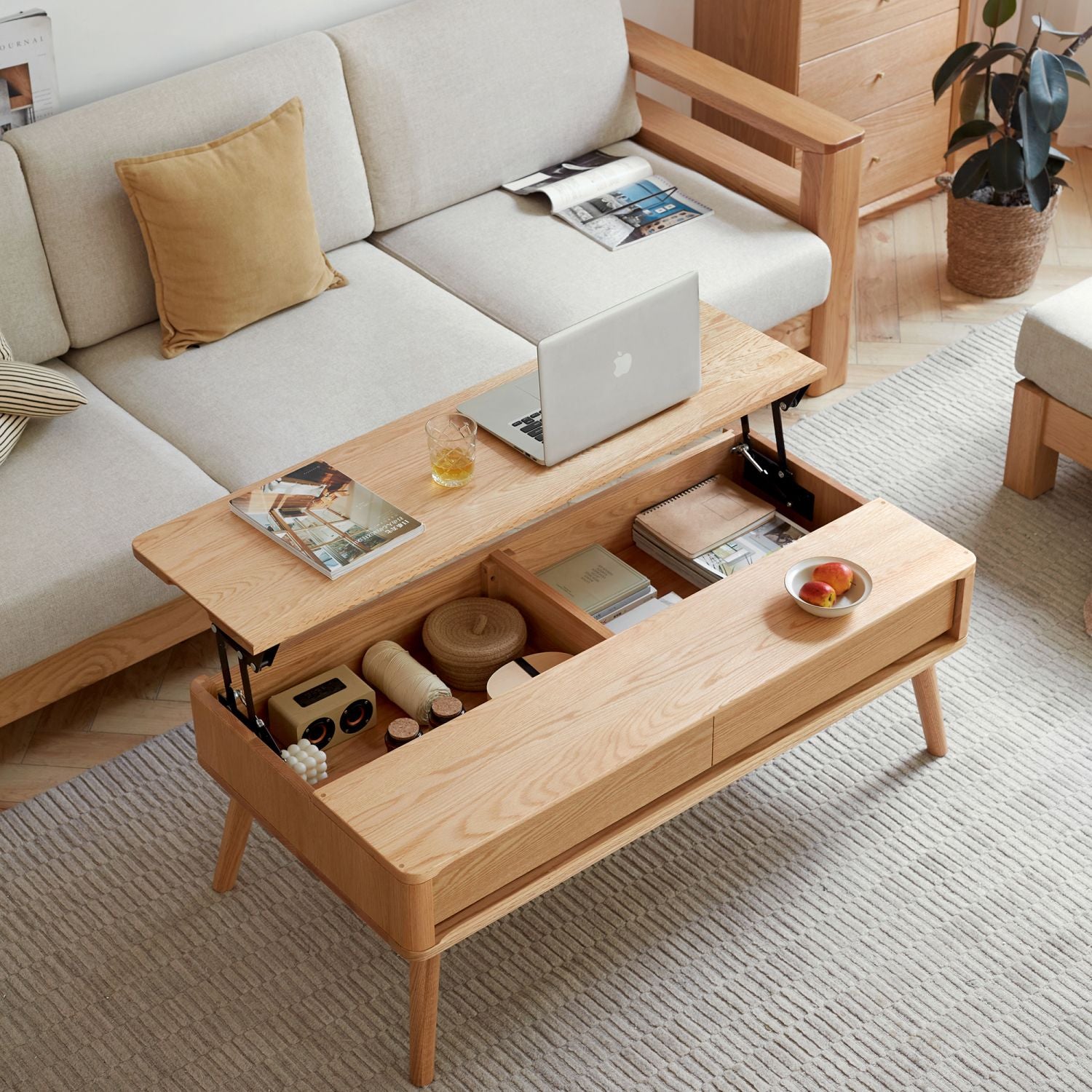 Elevating Center Table Low Table 100% Solid Oak Wood Top Plate Desk Coffee Table Width 120 x Depth 65 x Height 45 cm Study Desk Work From Home Easy To Assemble Natural Color Wood With Storage Shelf