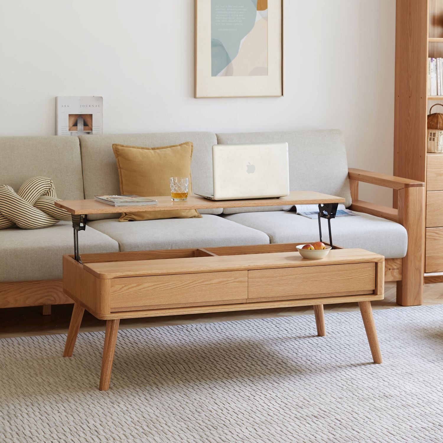 Elevating Center Table Low Table 100% Solid Oak Wood Top Plate Desk Coffee Table Width 120 x Depth 65 x Height 45 cm Study Desk Work From Home Easy To Assemble Natural Color Wood With Storage Shelf