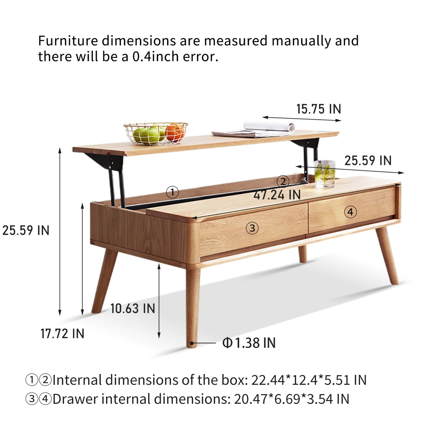 Elevating Center Table Low Table 100% Solid Oak Wood Top Plate Desk Coffee Table Width 120 x Depth 65 x Height 45 cm Study Desk Work From Home Easy To Assemble Natural Color Wood With Storage Shelf