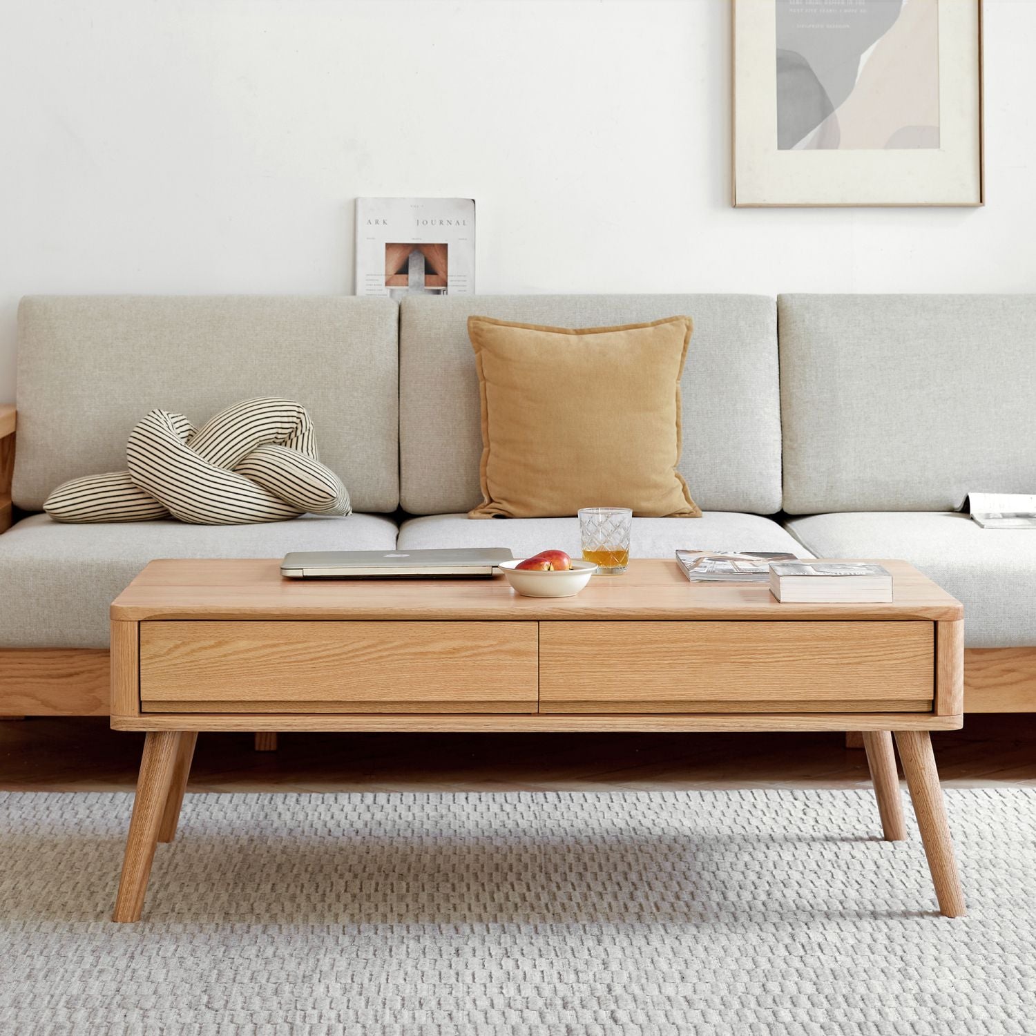 Elevating Center Table Low Table 100% Solid Oak Wood Top Plate Desk Coffee Table Width 120 x Depth 65 x Height 45 cm Study Desk Work From Home Easy To Assemble Natural Color Wood With Storage Shelf