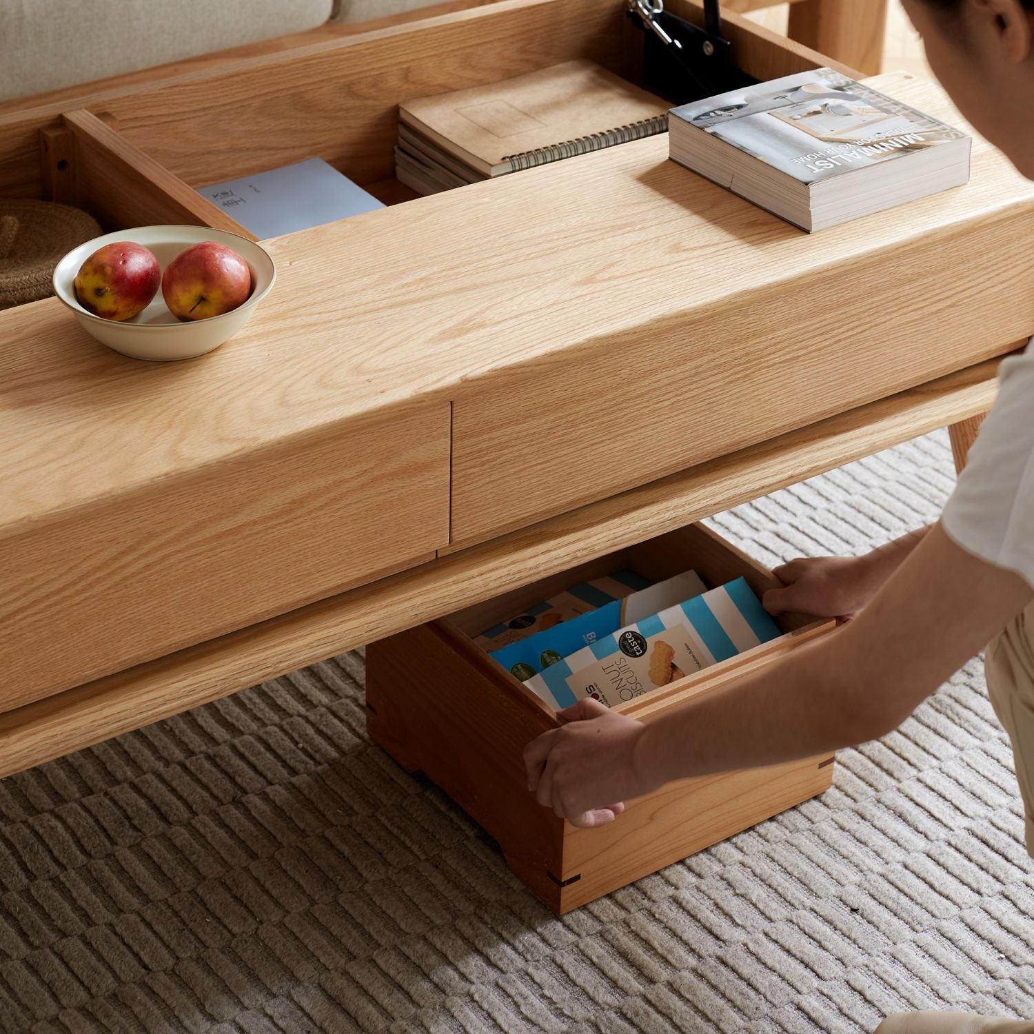 Elevating Center Table Low Table 100% Solid Oak Wood Top Plate Desk Coffee Table Width 120 x Depth 65 x Height 45 cm Study Desk Work From Home Easy To Assemble Natural Color Wood With Storage Shelf