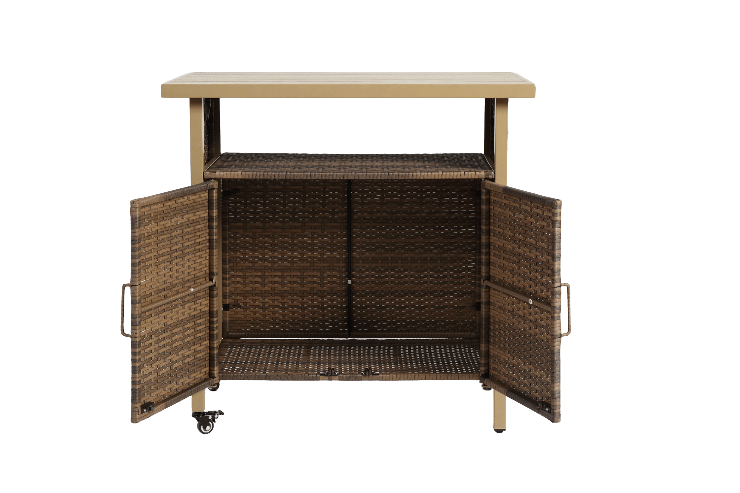 Outdoor Wicker Bar Cart, Patio Wine Serving Cart w/Wheels , Rolling Rattan Beverage Bar Counter Table w/Glass Top for Porch Backyard Garden Poolside Party, Light brown