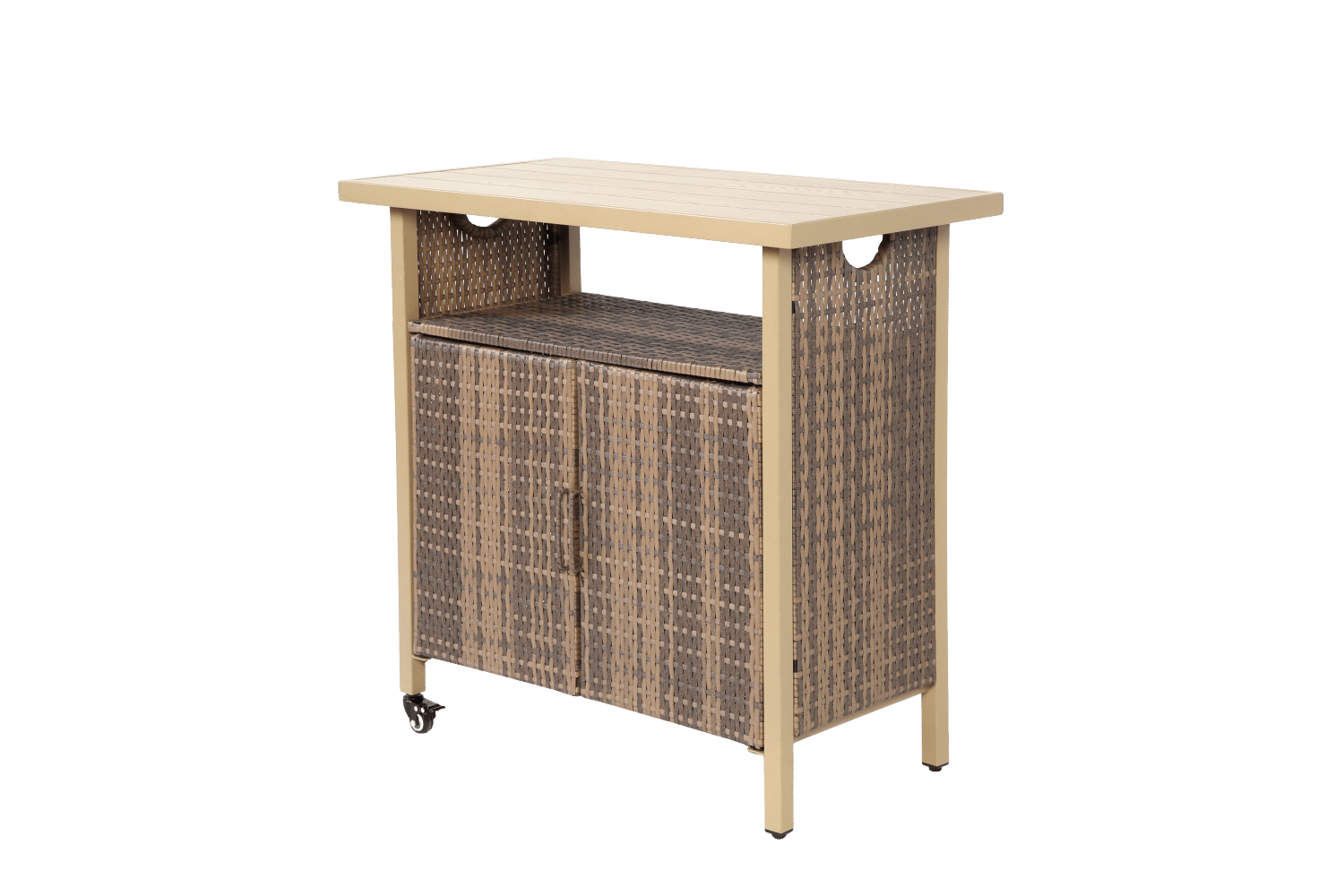 Outdoor Wicker Bar Cart, Patio Wine Serving Cart w/Wheels , Rolling Rattan Beverage Bar Counter Table w/Glass Top for Porch Backyard Garden Poolside Party, Light brown