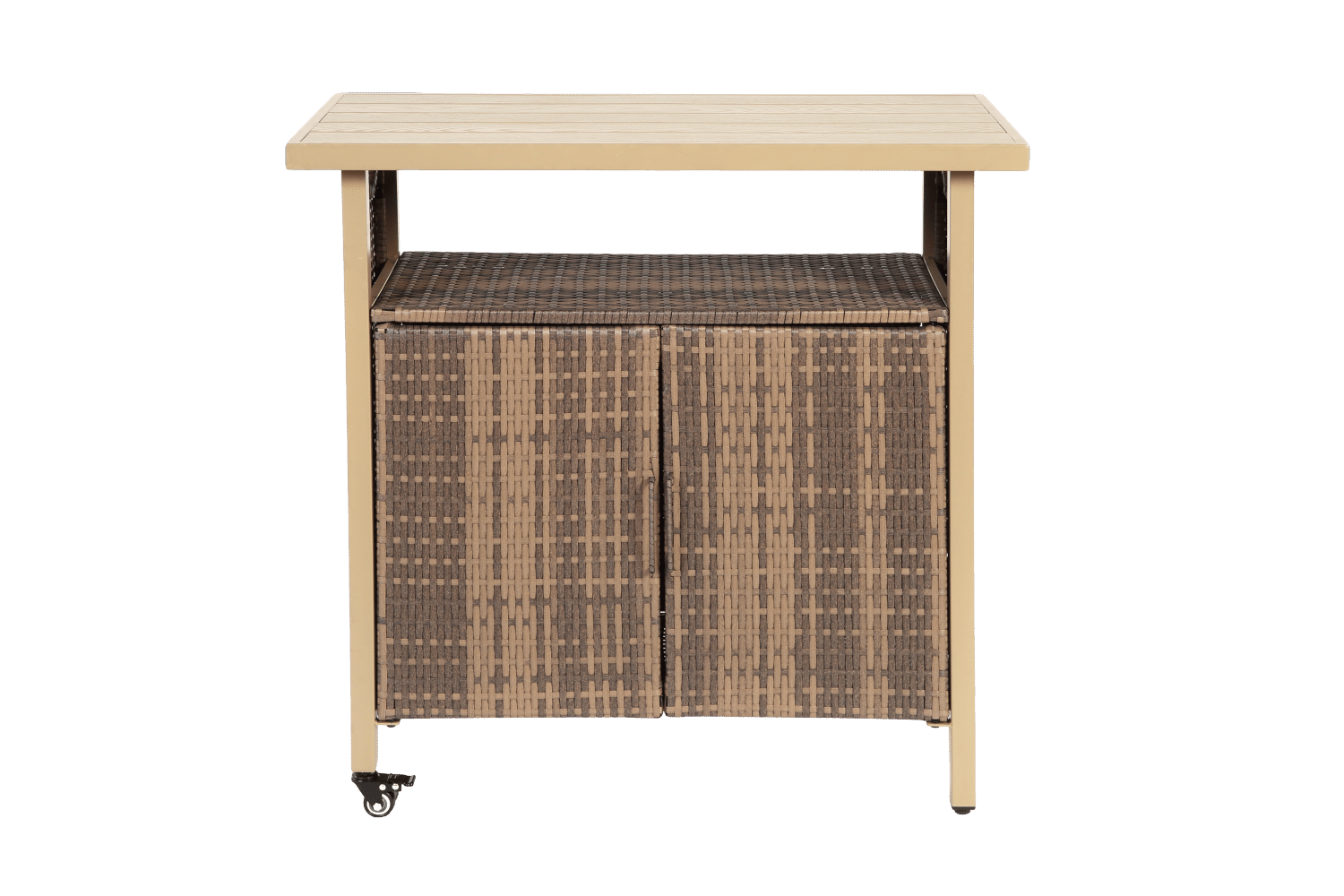 Outdoor Wicker Bar Cart, Patio Wine Serving Cart w/Wheels , Rolling Rattan Beverage Bar Counter Table w/Glass Top for Porch Backyard Garden Poolside Party, Light brown