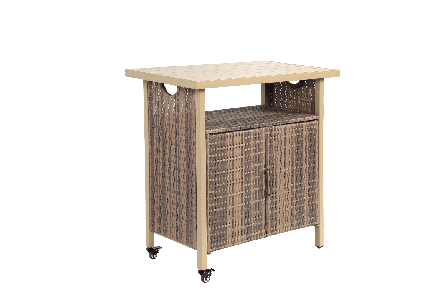 Outdoor Wicker Bar Cart, Patio Wine Serving Cart w/Wheels , Rolling Rattan Beverage Bar Counter Table w/Glass Top for Porch Backyard Garden Poolside Party, Light brown
