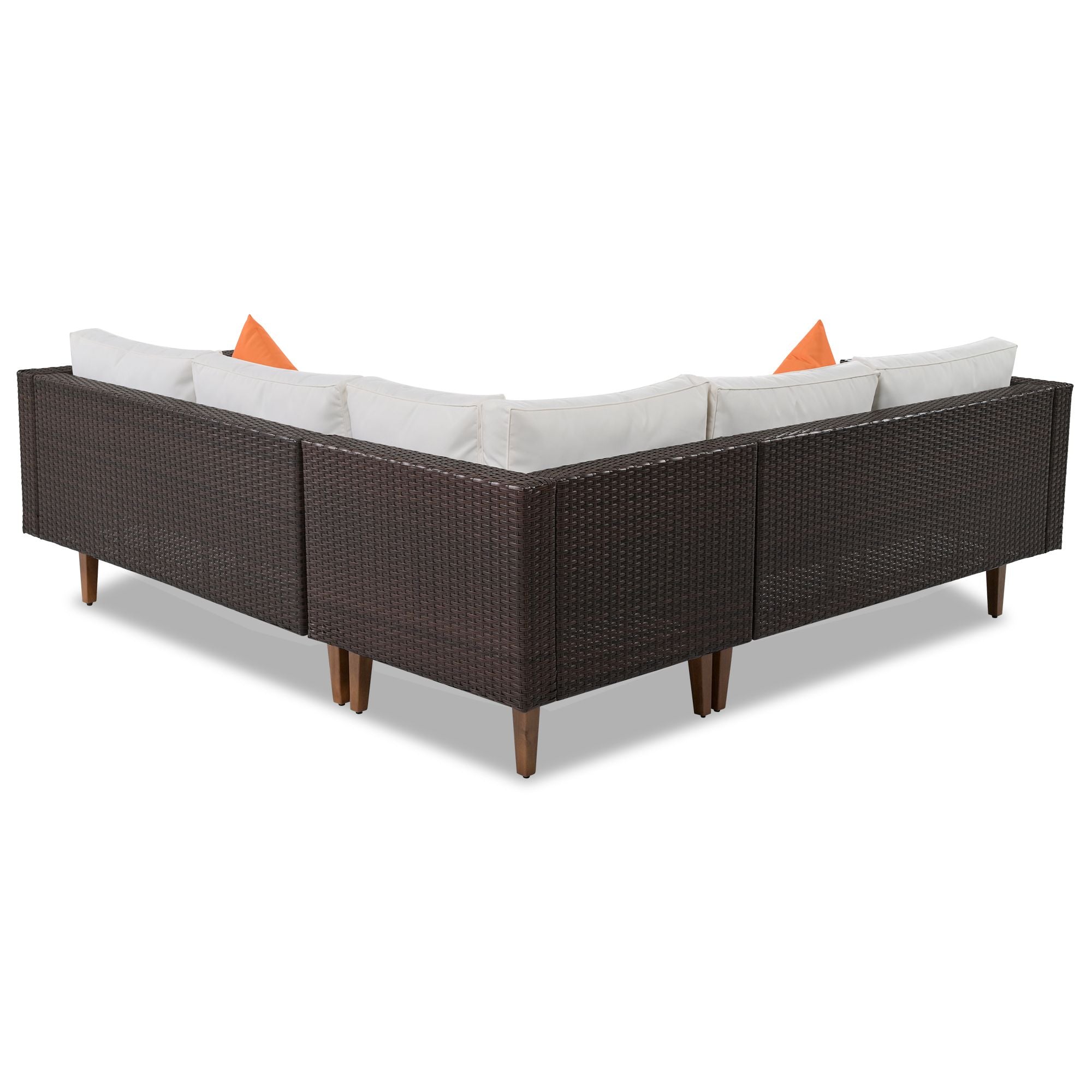 4-pieces Outdoor Wicker Sofa Set; Patio Furniture with Colorful Pillows; L-shape sofa set; Beige cushions and Brown Rattan