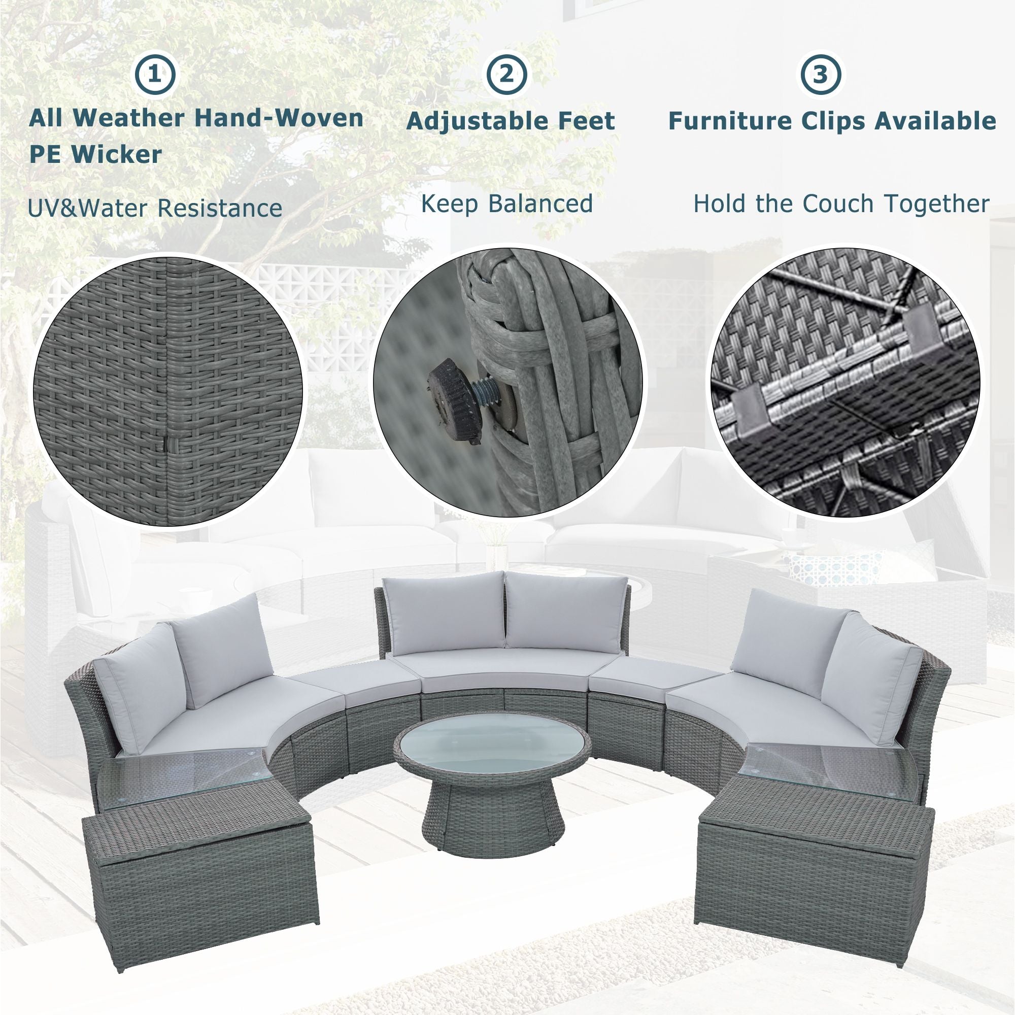 10-Piece Outdoor Sectional Half Round Patio Rattan Sofa Set; PE Wicker Conversation Furniture Set for Free Combination; Light Gray