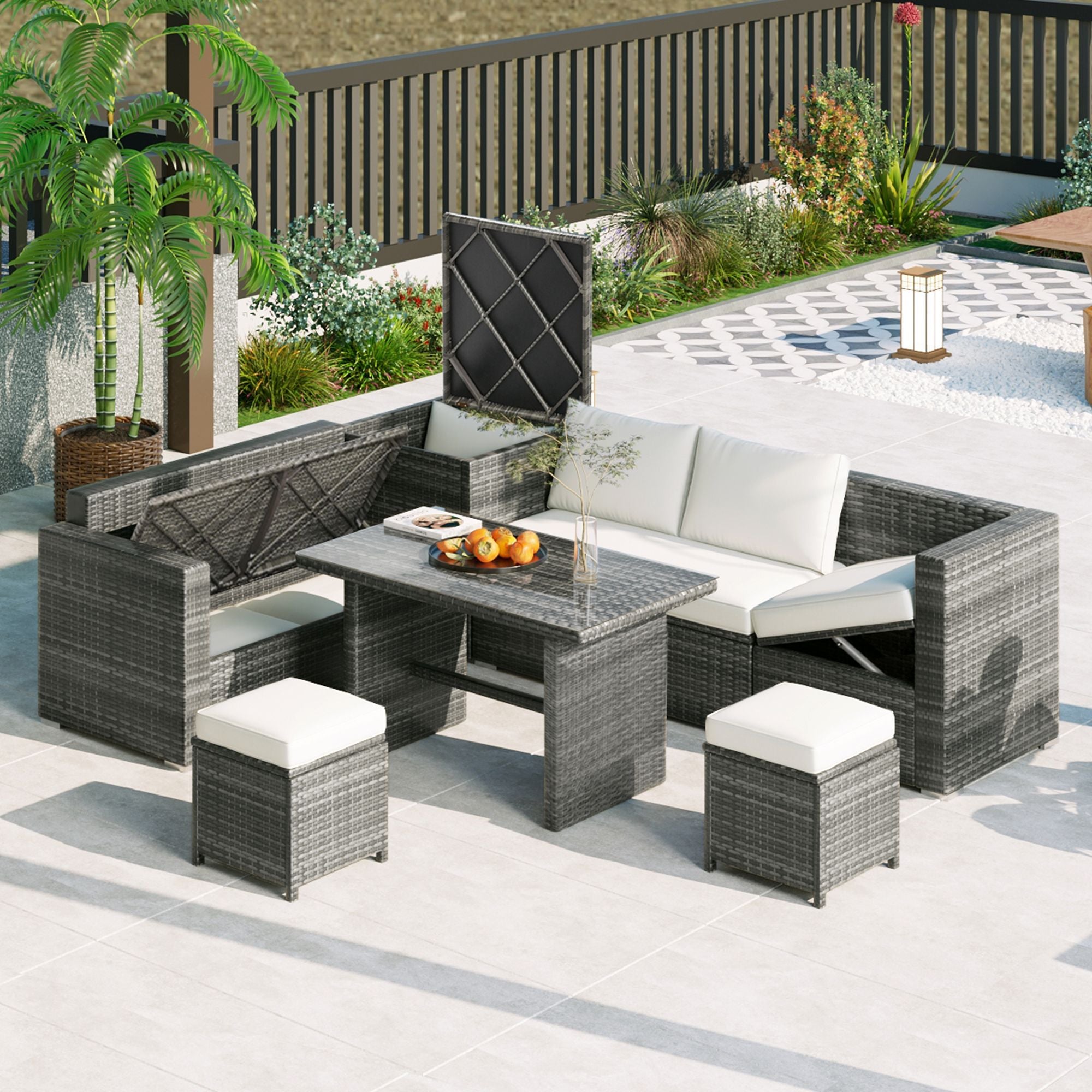 Outdoor 6-Piece All Weather PE Rattan Sofa Set; Garden Patio Wicker Sectional Furniture Set with Adjustable Seat; Storage Box; Removable Covers and Tempered Glass Top Table