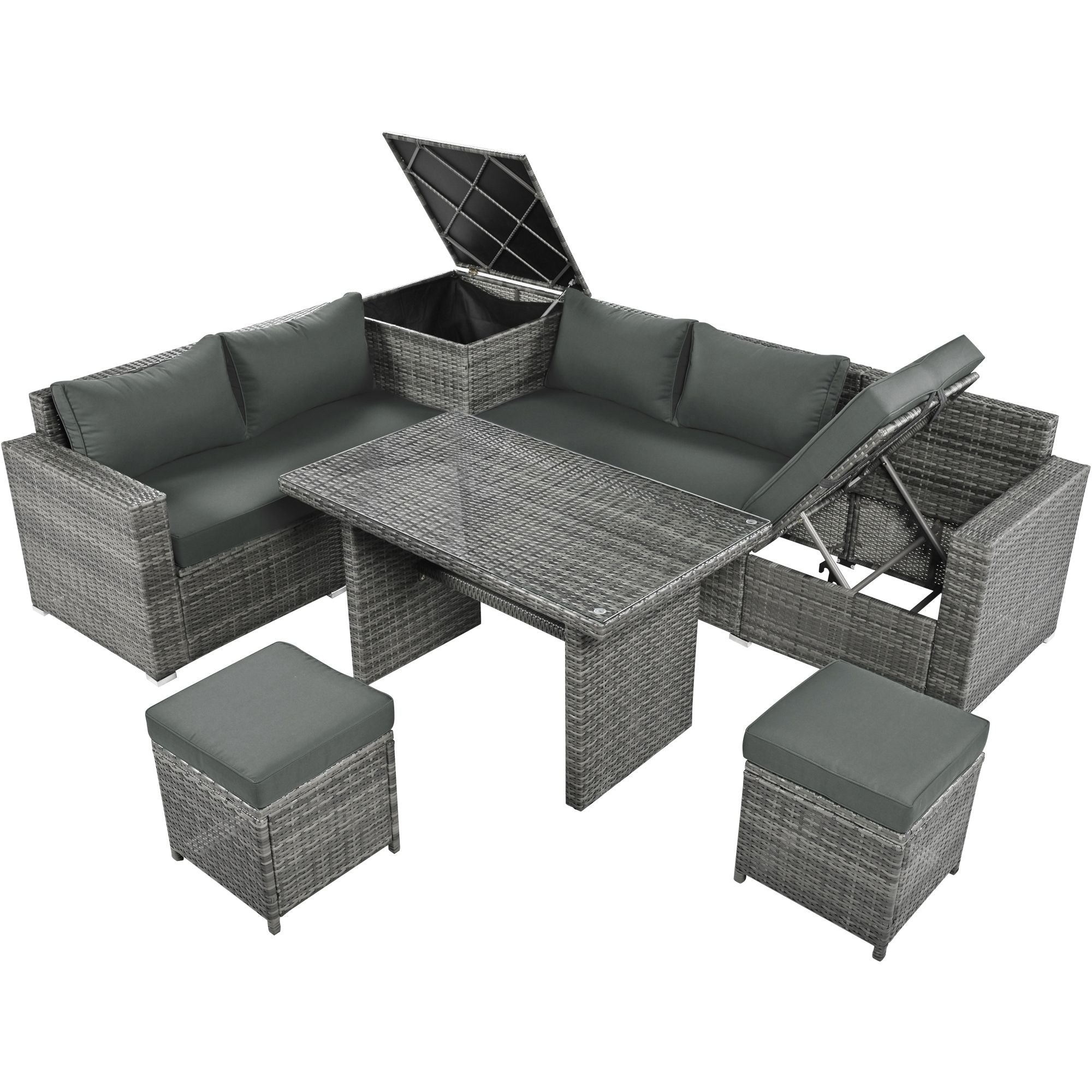 Outdoor 6-Piece All Weather PE Rattan Sofa Set; Garden Patio Wicker Sectional Furniture Set with Adjustable Seat; Storage Box; Removable Covers and Tempered Glass Top Table