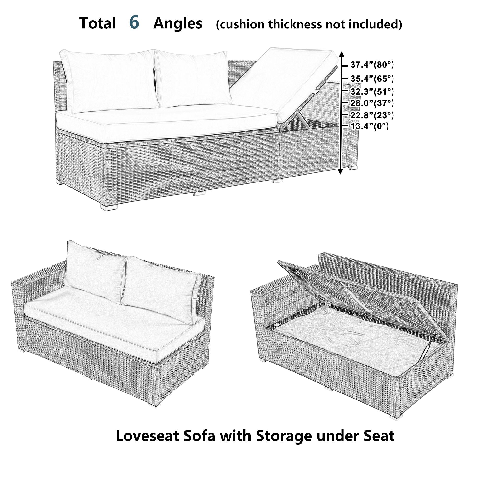 Outdoor 6-Piece All Weather PE Rattan Sofa Set; Garden Patio Wicker Sectional Furniture Set with Adjustable Seat; Storage Box; Removable Covers and Tempered Glass Top Table