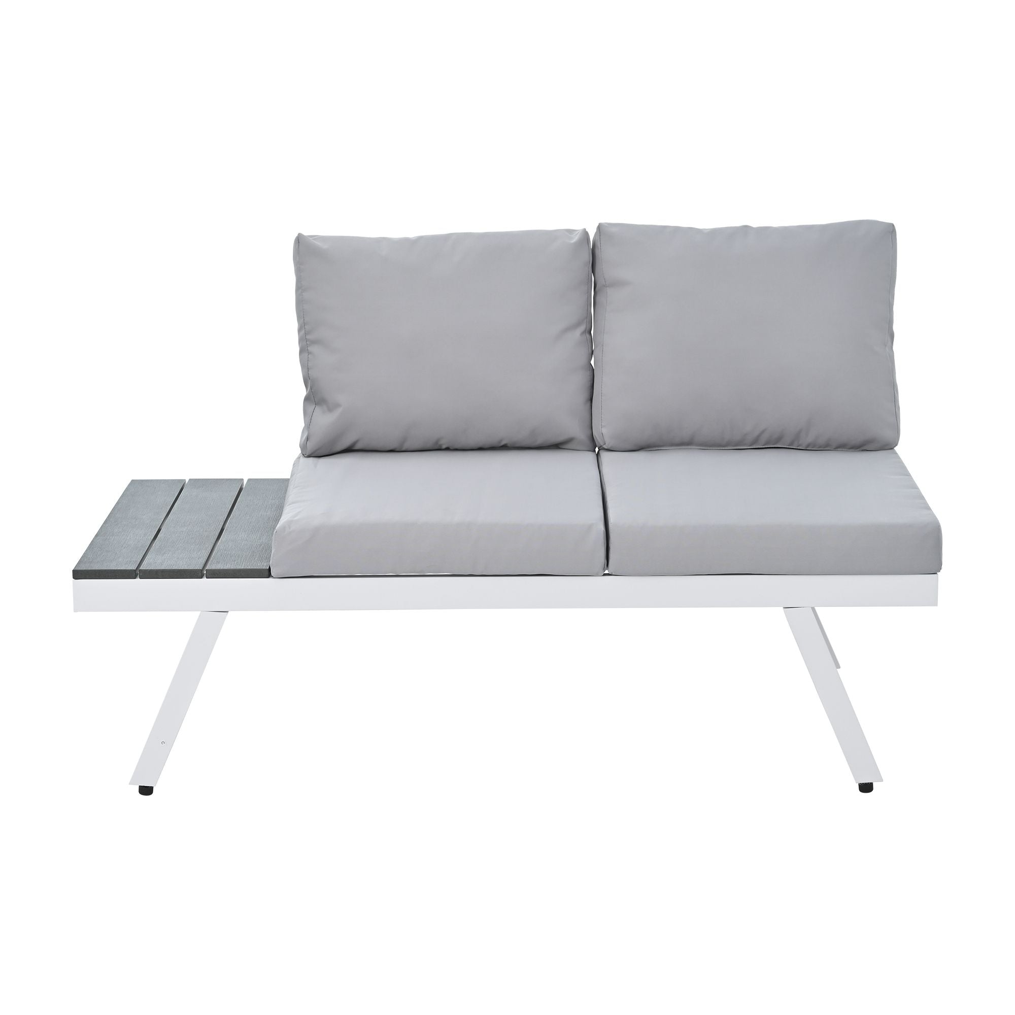 Industrial 5-Piece Aluminum Outdoor Patio Furniture Set; Modern Garden Sectional Sofa Set with End Tables; Coffee Table and Furniture Clips for Backyard; White+Grey
