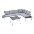 Industrial 5-Piece Aluminum Outdoor Patio Furniture Set; Modern Garden Sectional Sofa Set with End Tables; Coffee Table and Furniture Clips for Backyard; White+Grey