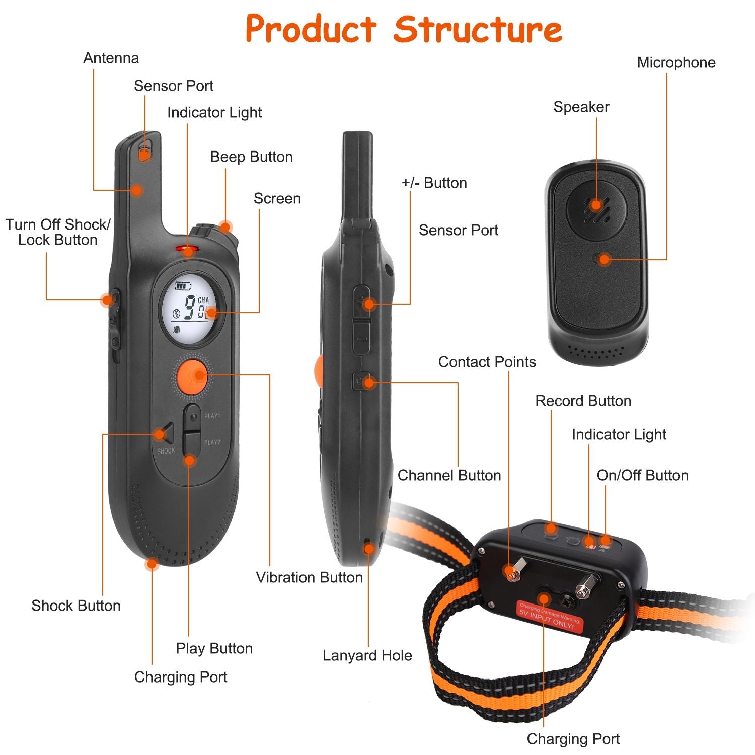 984FT Dog Training Collar IP65 Waterproof Pet Beep Vibration Electric Shock Collar 3 Channels Rechargeable Transmitter Receiver Trainer with Recording Safety Keypad Lock