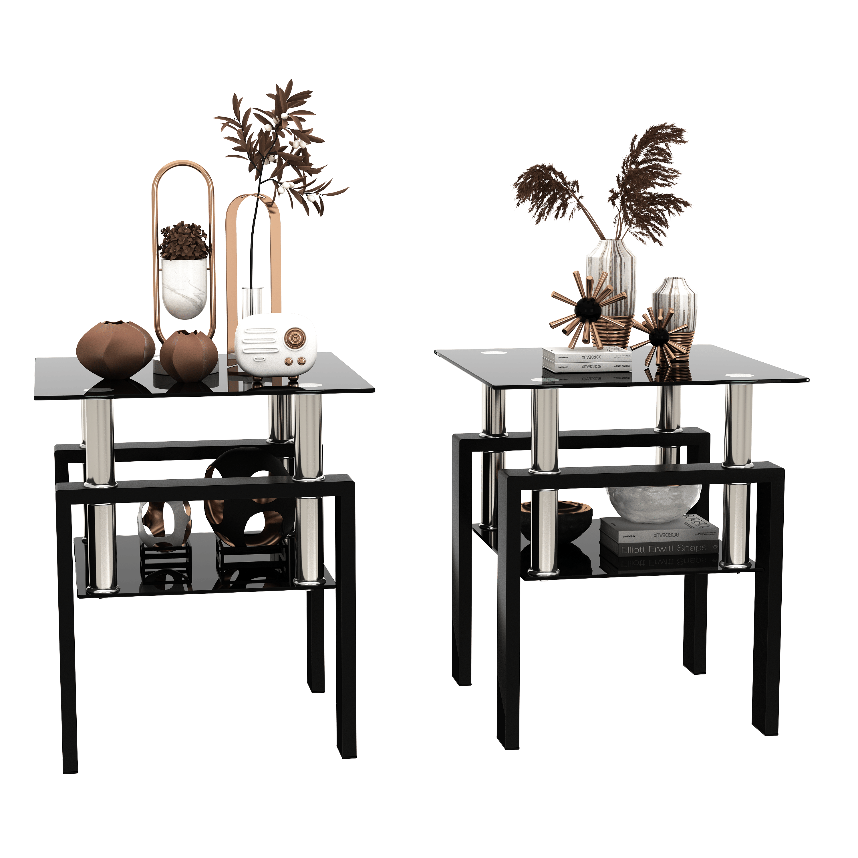 Set of 2, Modern Tempered Glass Tea Table Coffee Table End Table, Square Table for Living Room, Black